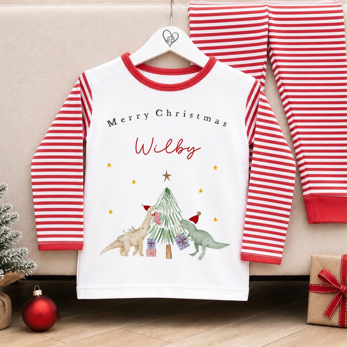 Personalised Christmas Pyjamas for Kids | 100% Cotton Red Stripe | Dinosaur Wreath Design