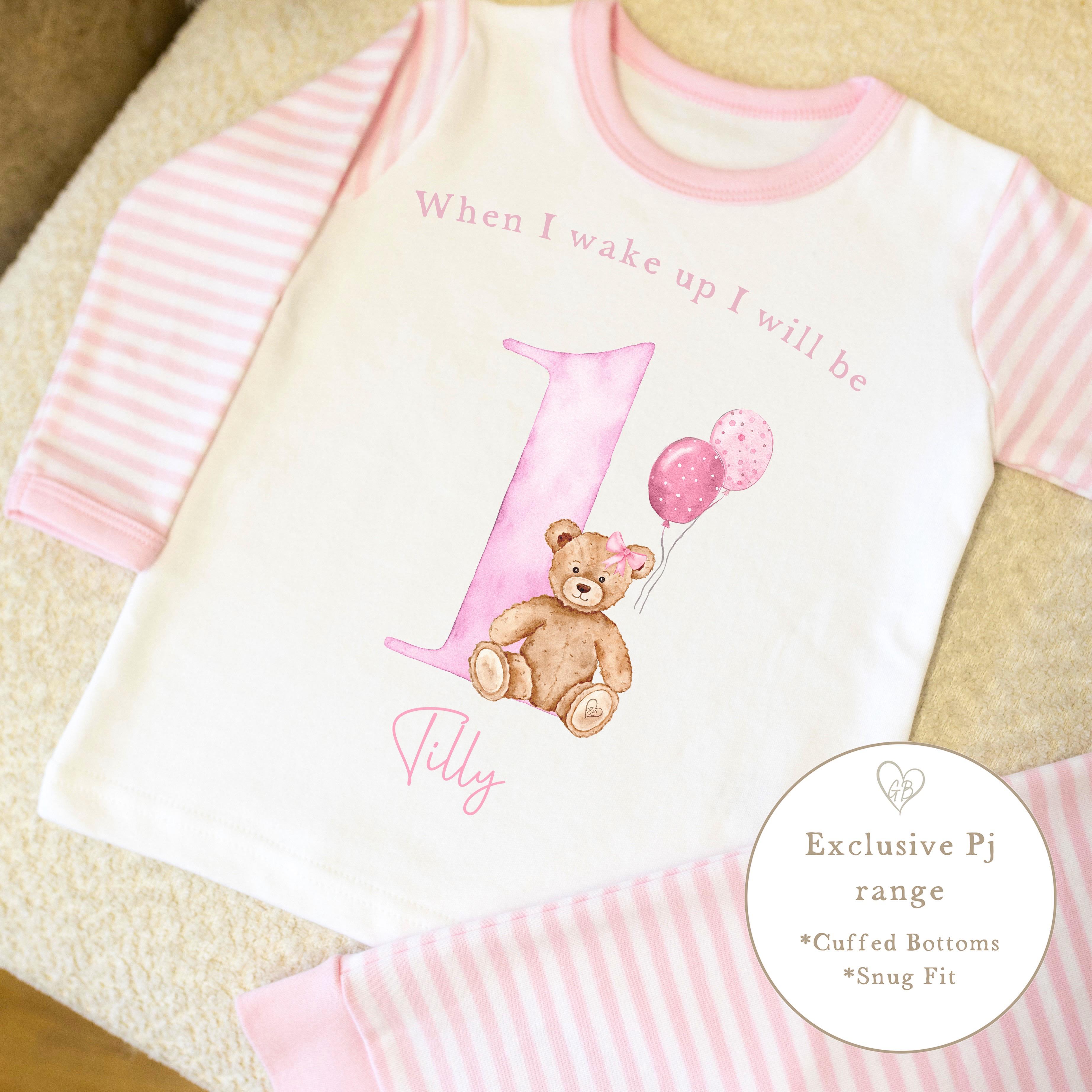Pink & White Striped Personalised Birthday Pyjamas - Pink Bear Design