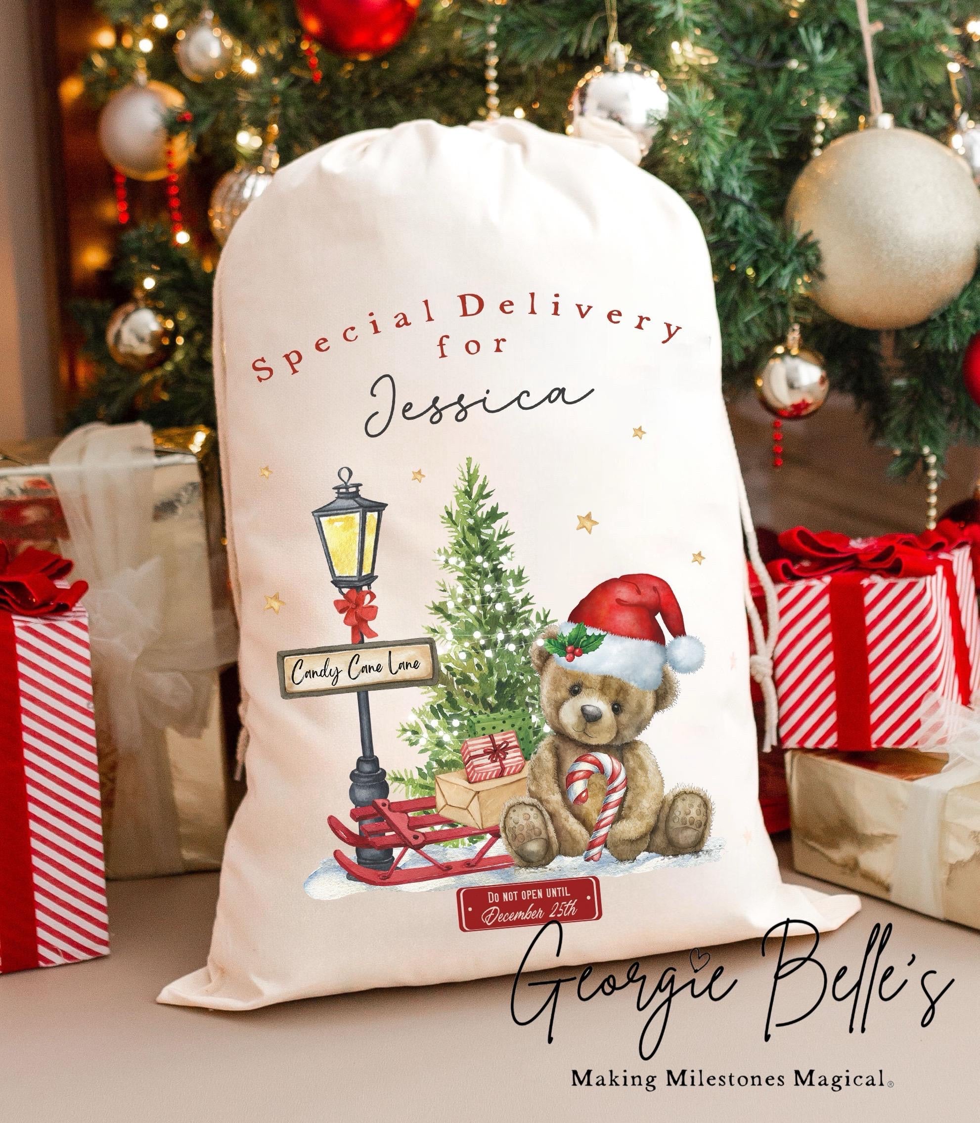 Personalised Luxury Premium Cotton Christmas Sack - Red Candy Cane Lane Design