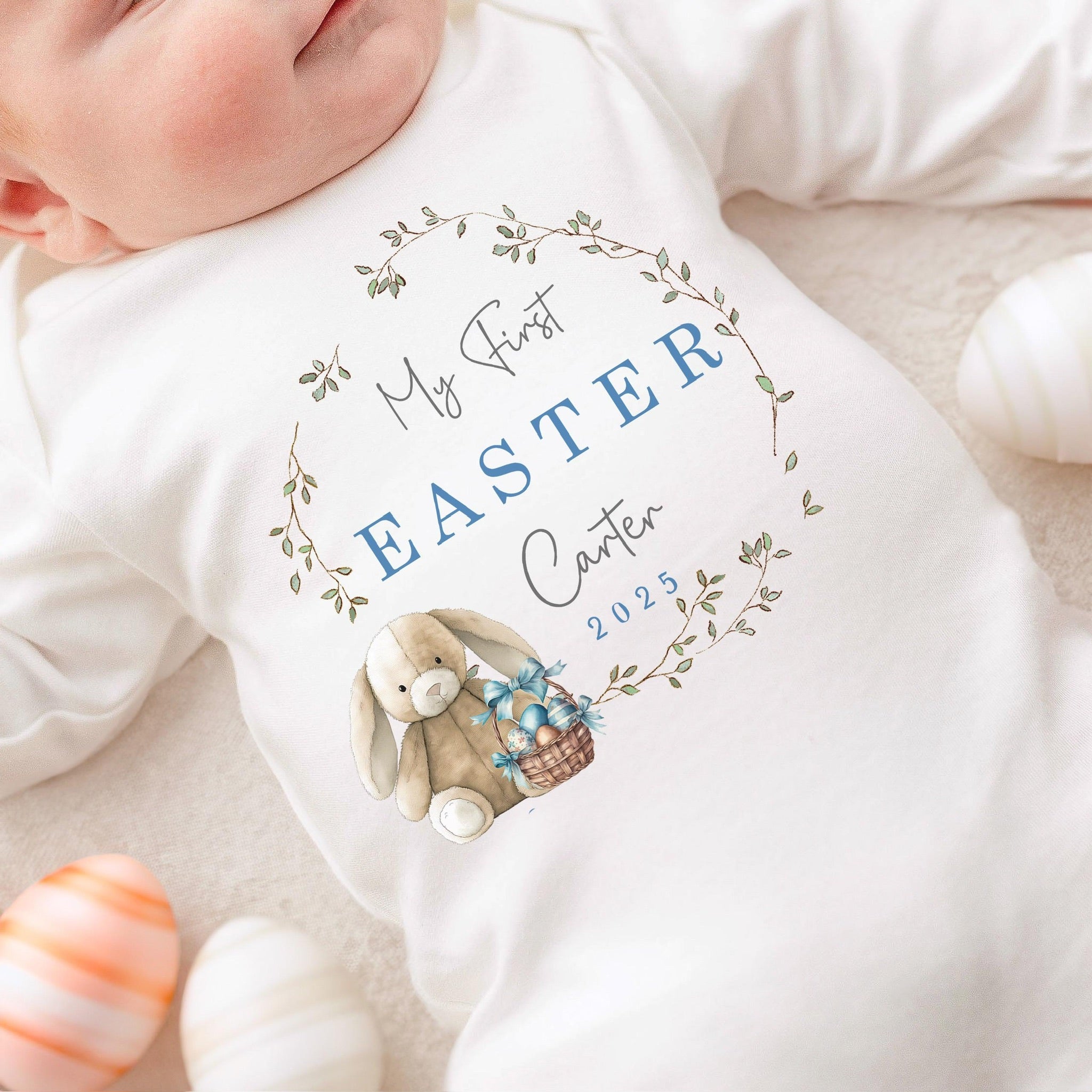 Personalised Easter Baby Vest / Babygrow - First Easter Blue Bunny Wreath Design