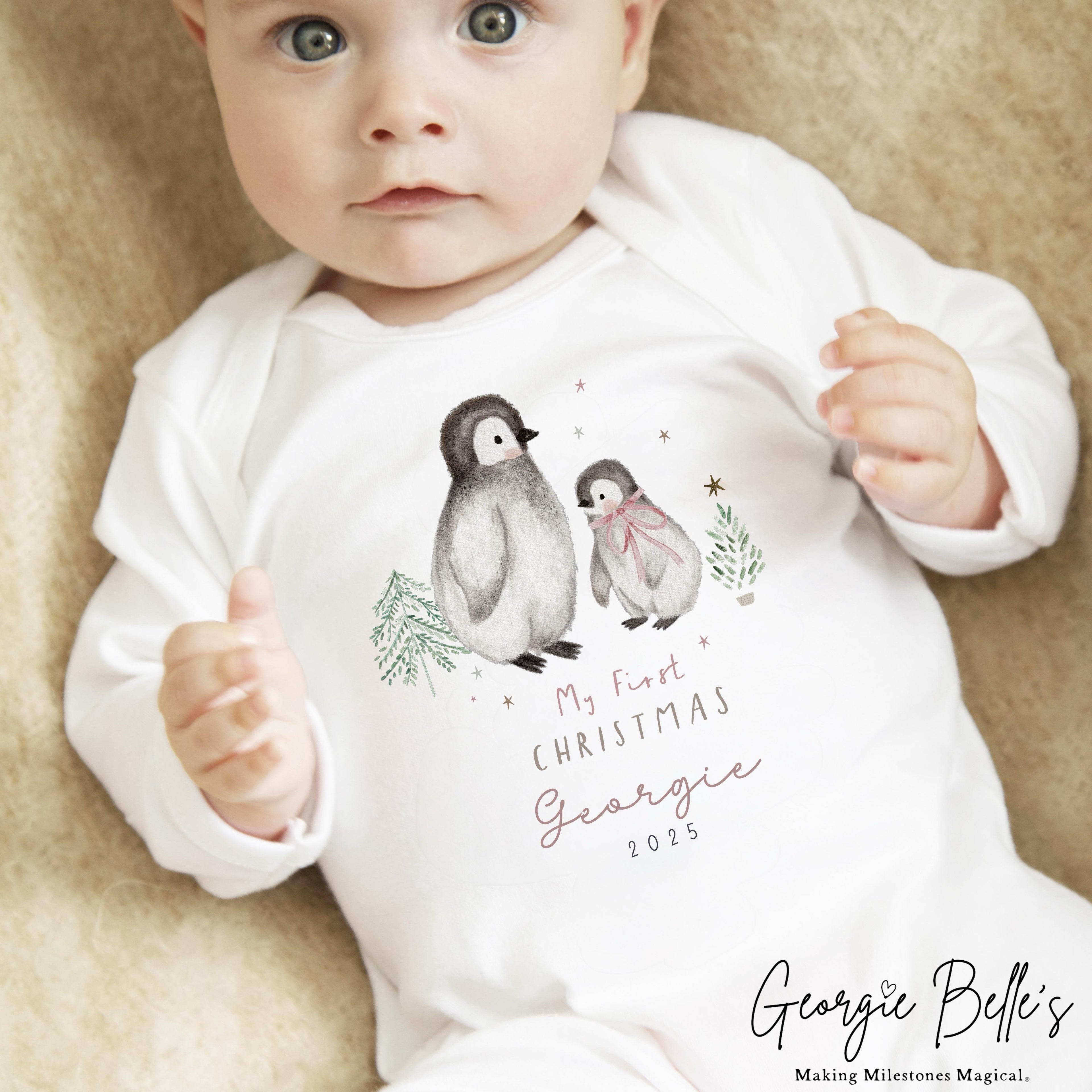 Personalised Christmas Sleepsuit / Bodysuit - First Christmas Pink Penguin Design