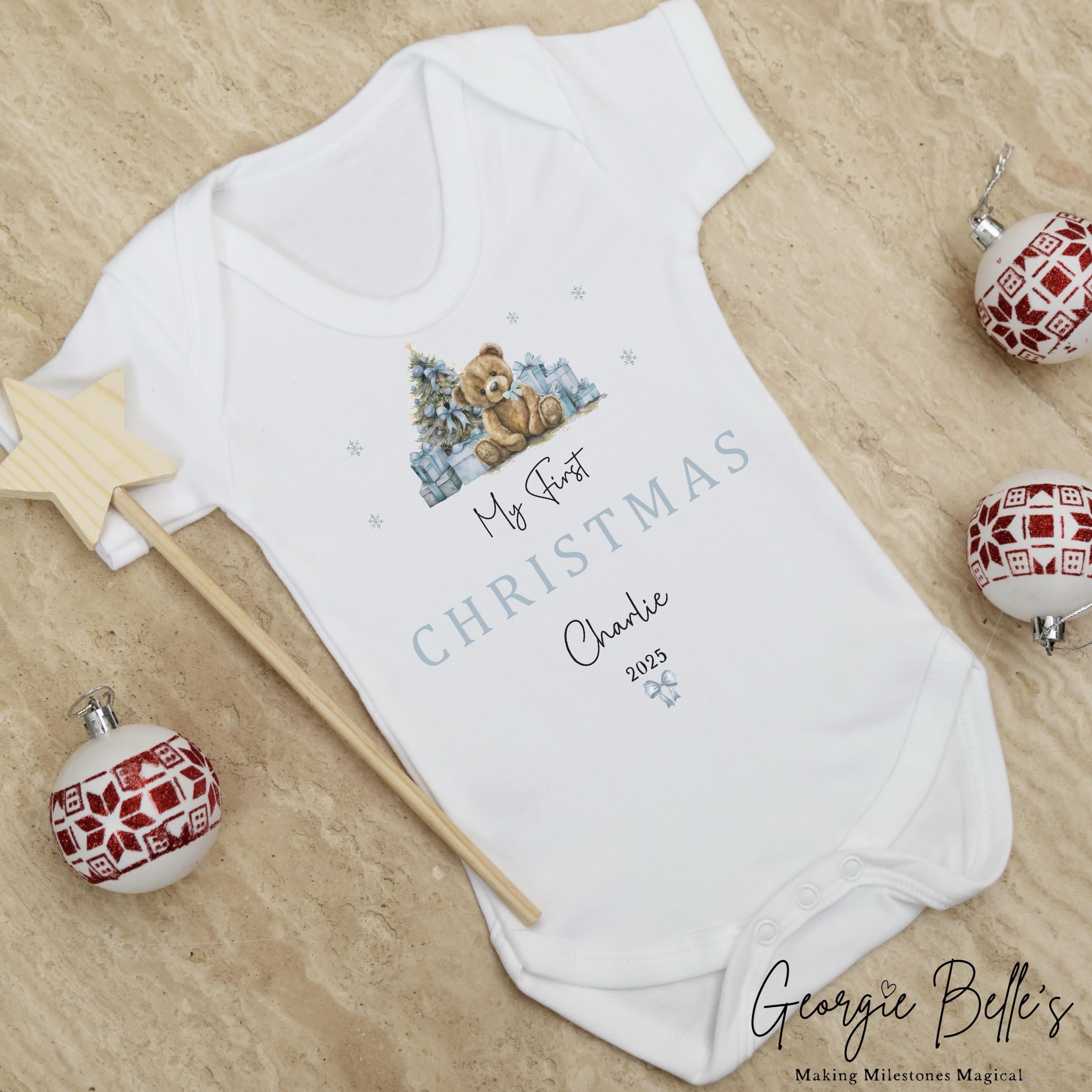 Personalised Christmas Sleepsuit / Bodysuit - First Christmas Blue Teddy Design