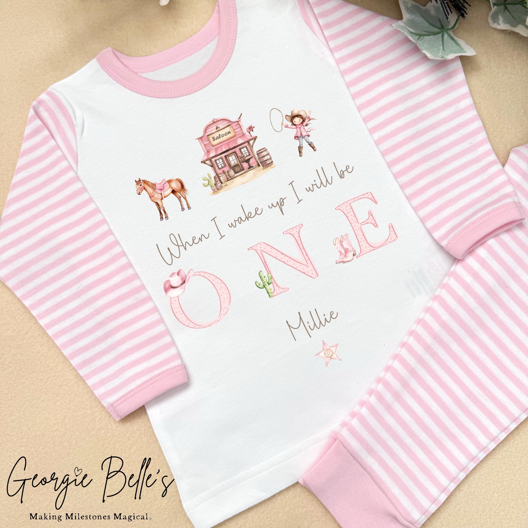 Personalised Pink Stripe Birthday Pyjamas - Rodeo Trio Design
