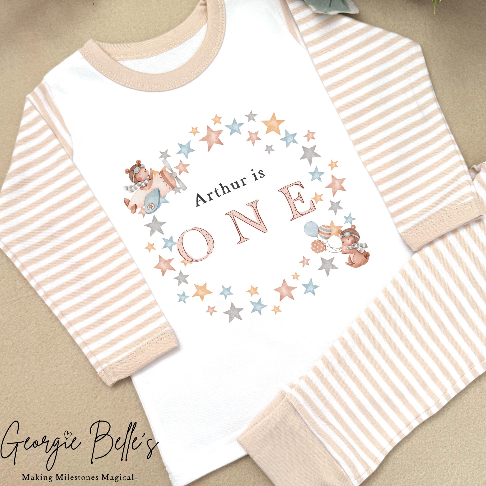 Personalised Beige Stripe Birthday Pyjamas - Beige Star Wreath Design