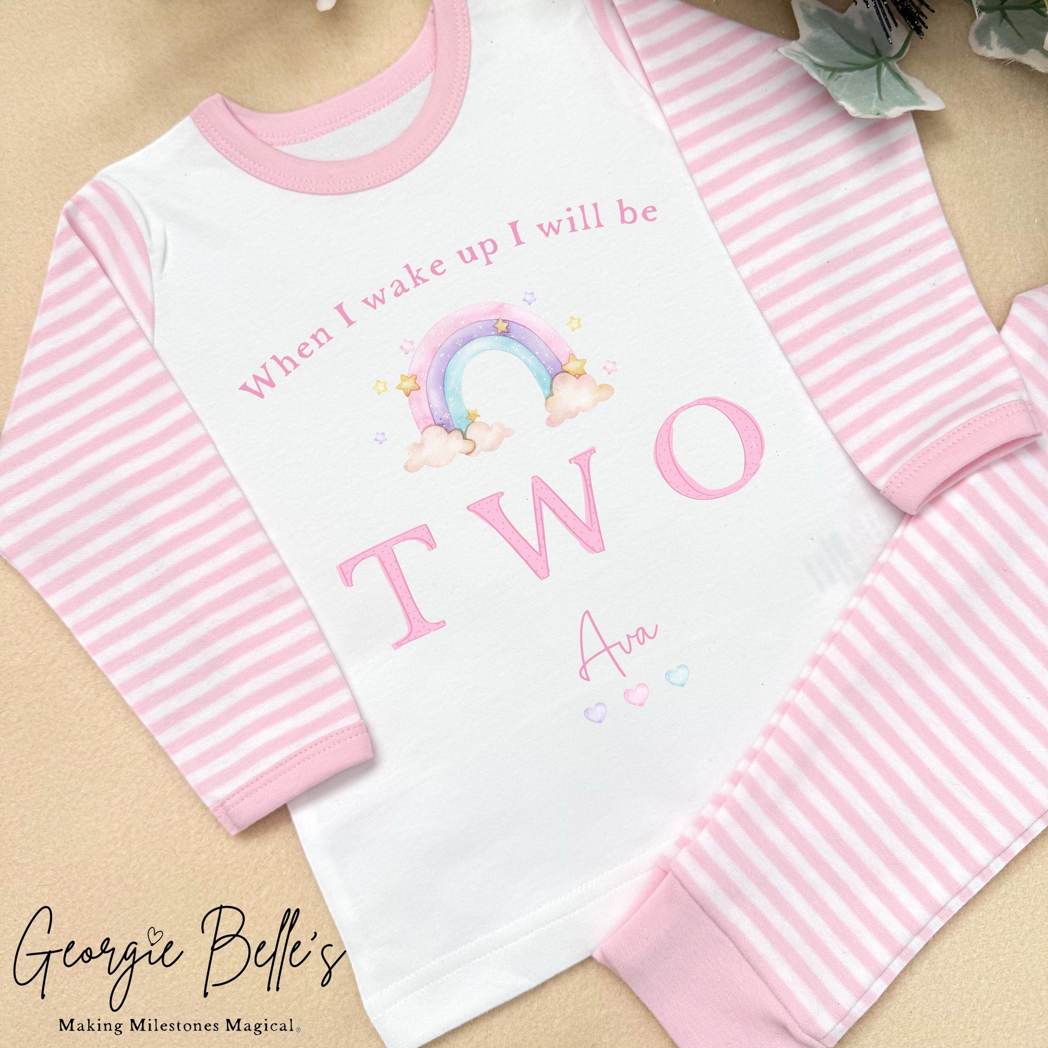 Personalised Pink Stripe Birthday Pyjamas - Pink Pastel Rainbow Design