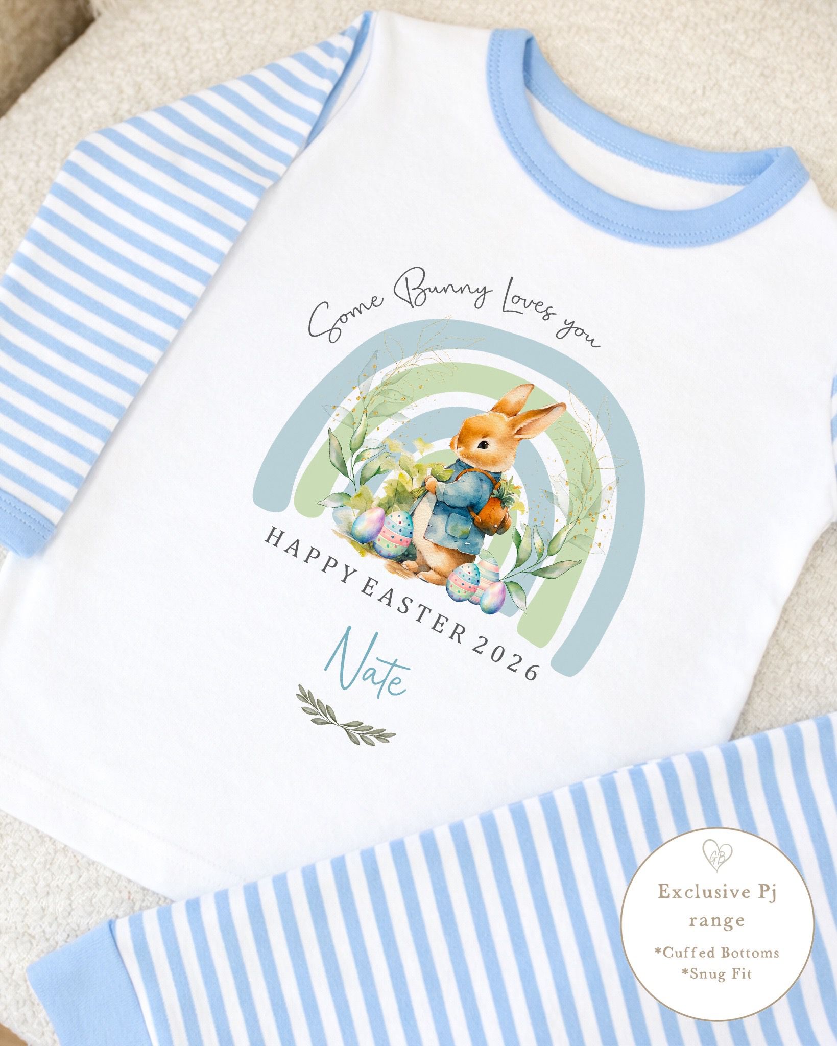 Personalised Blue Stripe Easter Pyjamas - Some Bunny Design