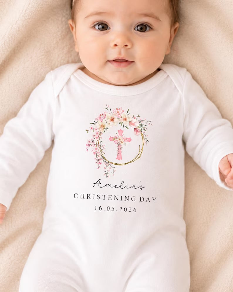 Personalised Christening Babygrow - Pink Floral Wreath Design
