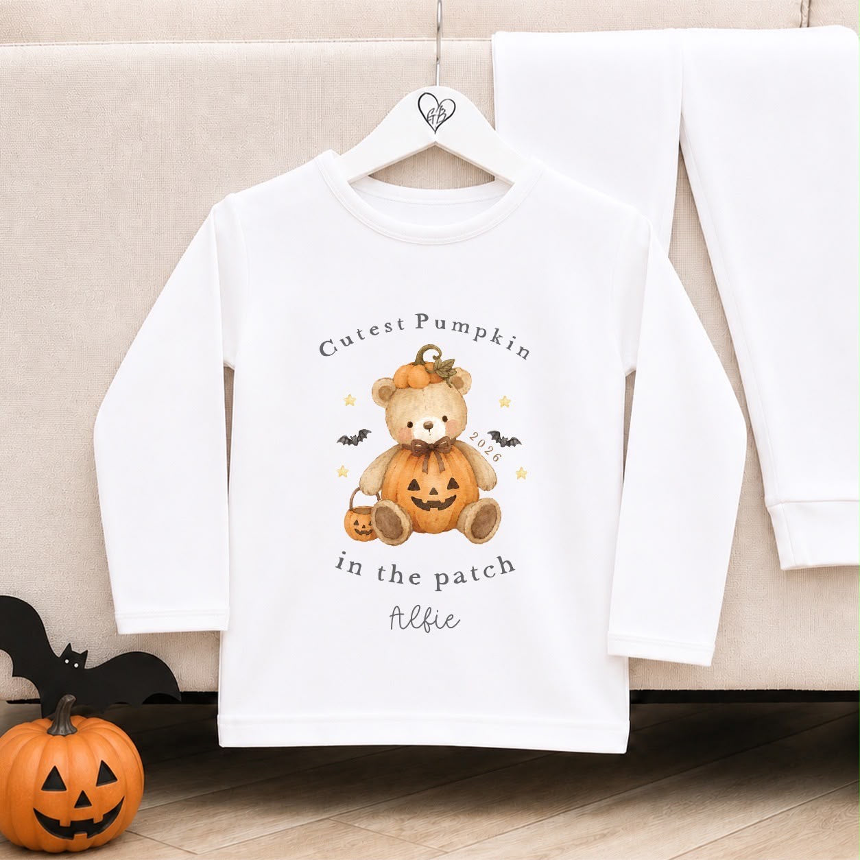 Personalised Halloween Pyjamas | Matching Sibling Halloween Pyjamas | Bear Pumpkin Design