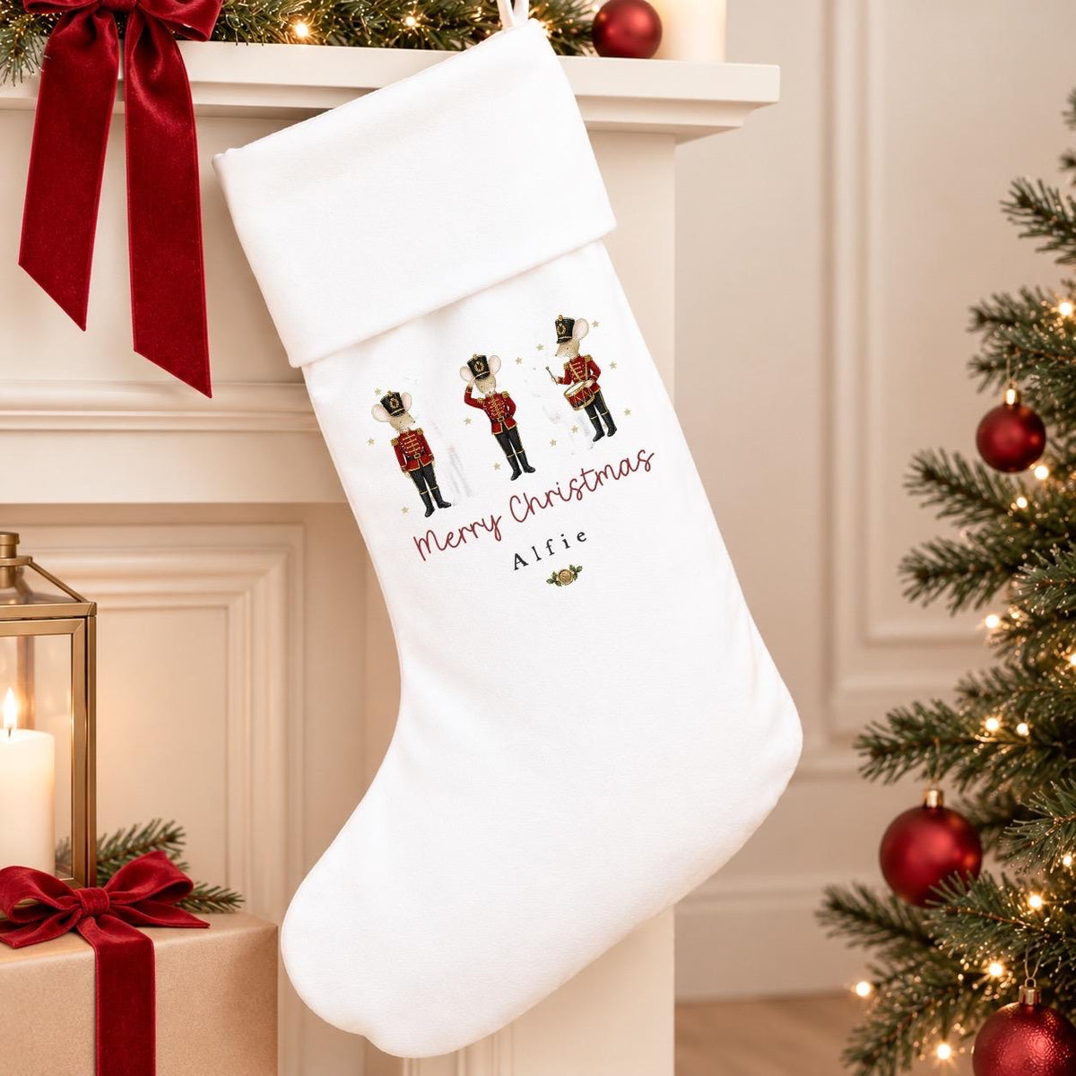 Personalised White Christmas Stocking | Mice Solider Design