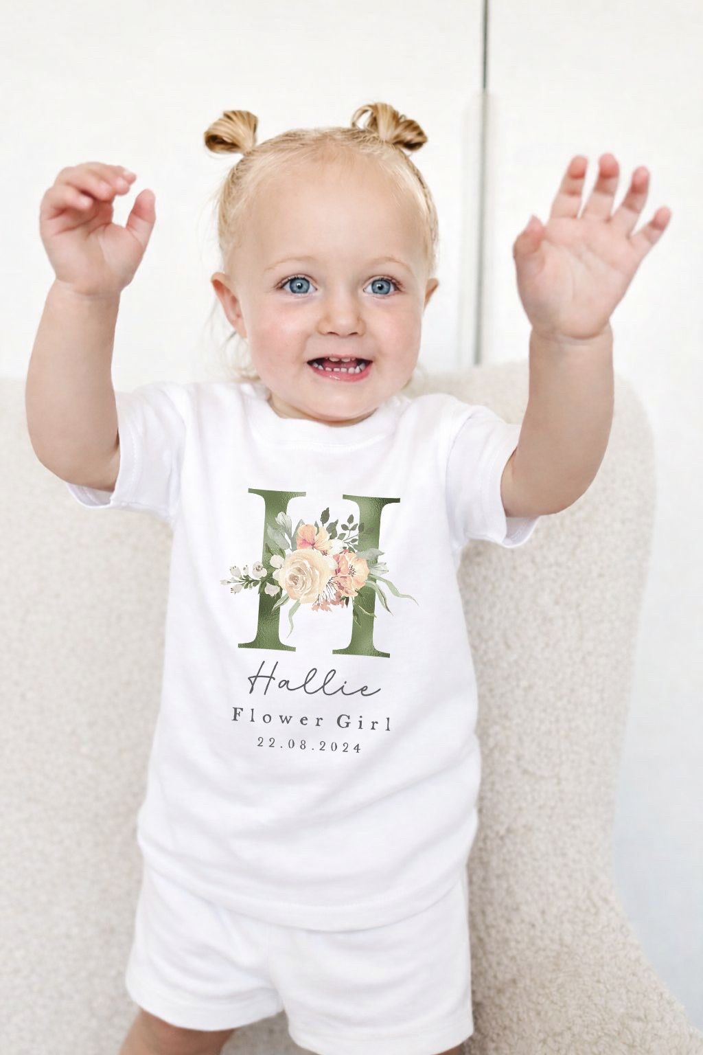 Personalised Flower Girl Short Set Pyjamas - Green Initial Design