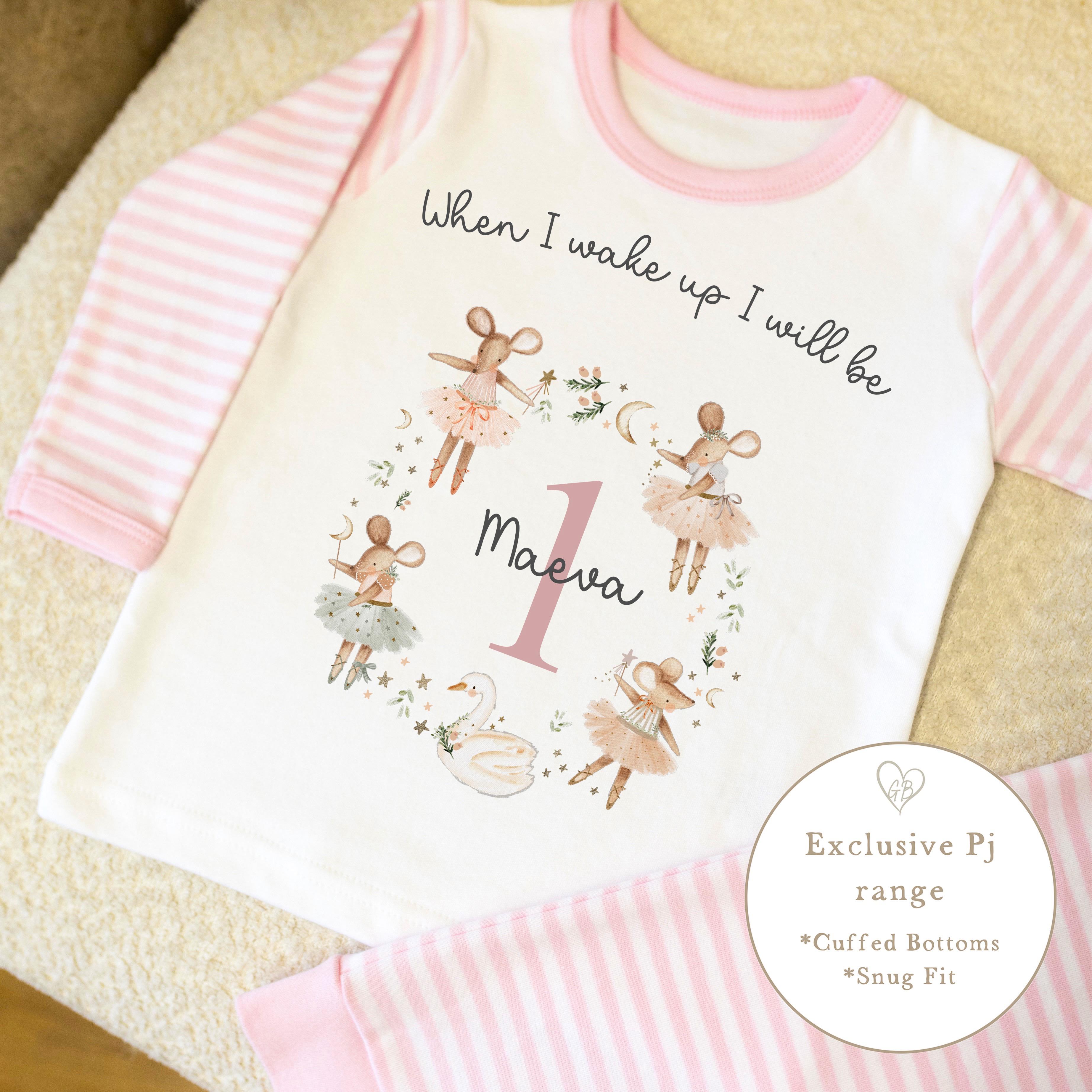 Pink & White Striped Personalised Birthday Pyjamas - Pink Mouse Wreath Design
