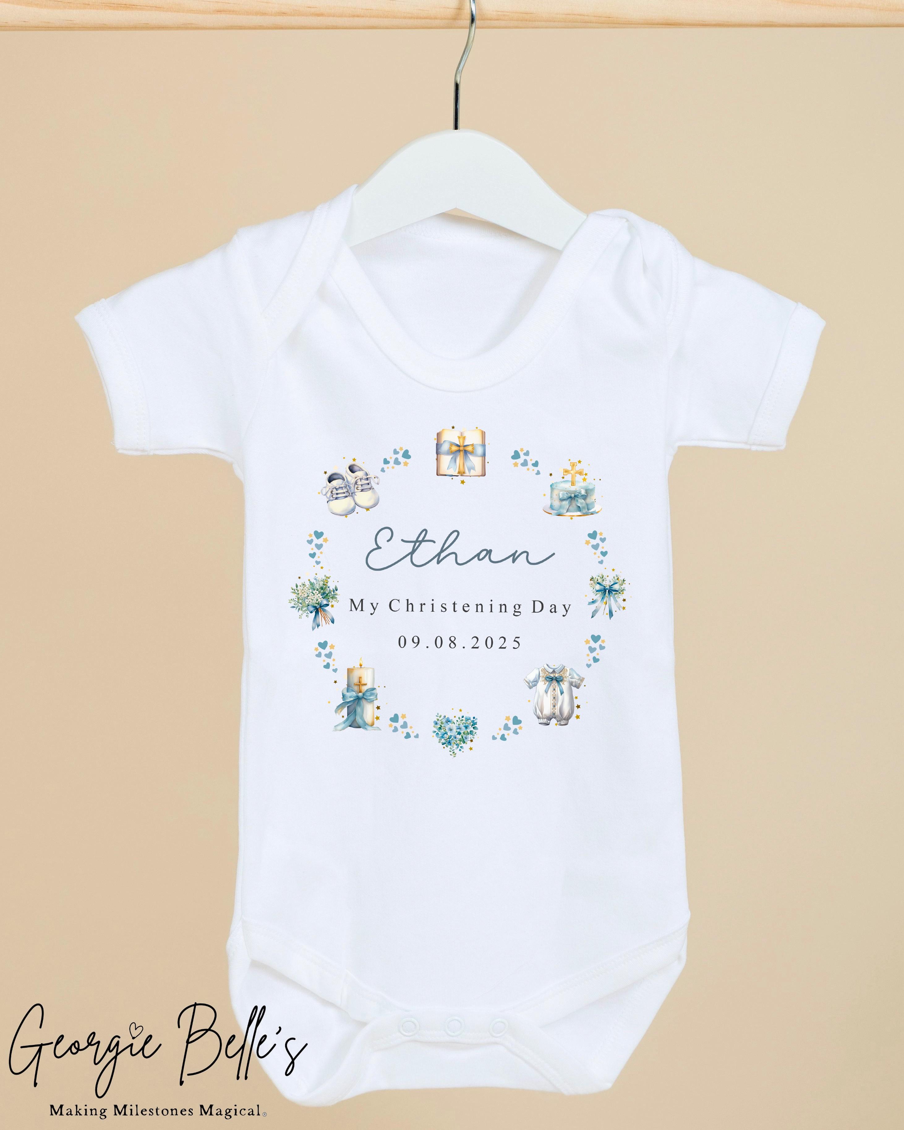 Personalised Christening Babygrow / Vest - Blue Wreath Design