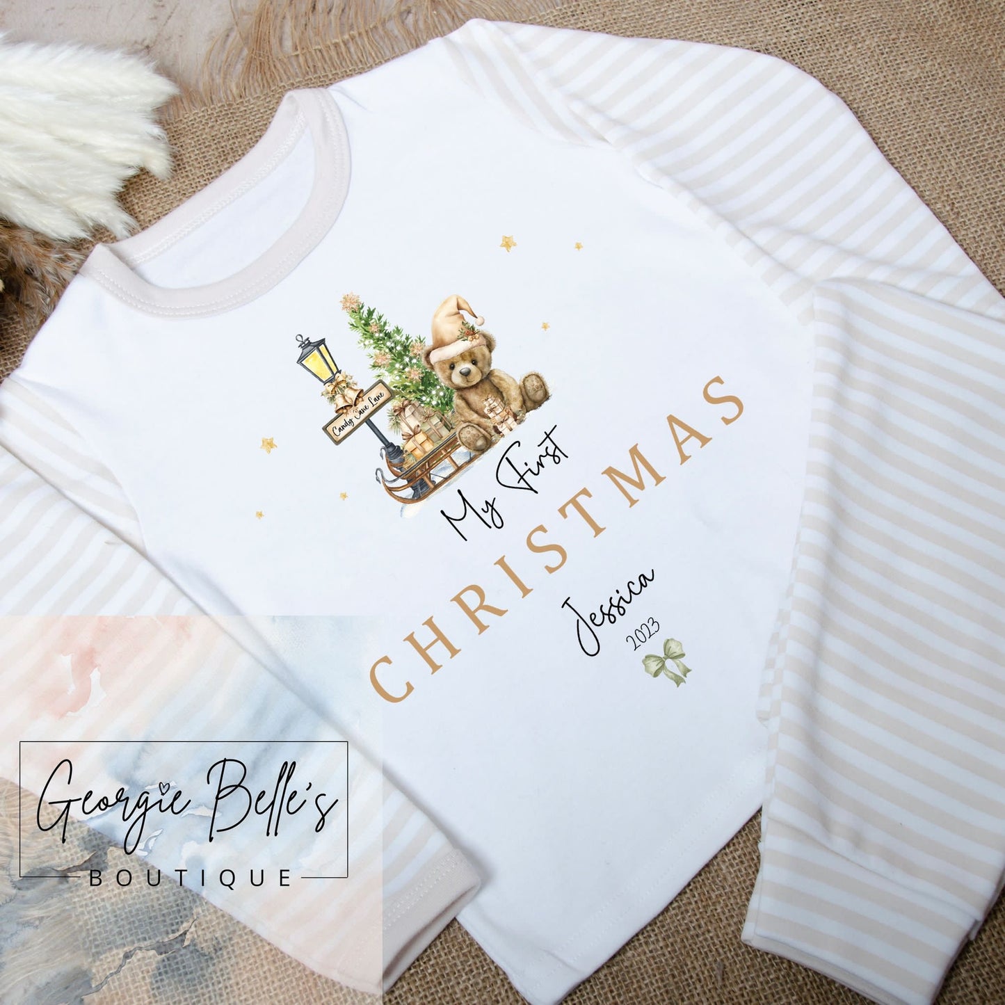 Stone Stripe ‘My First Christmas' Personalised Pyjamas - Nude Bear Design