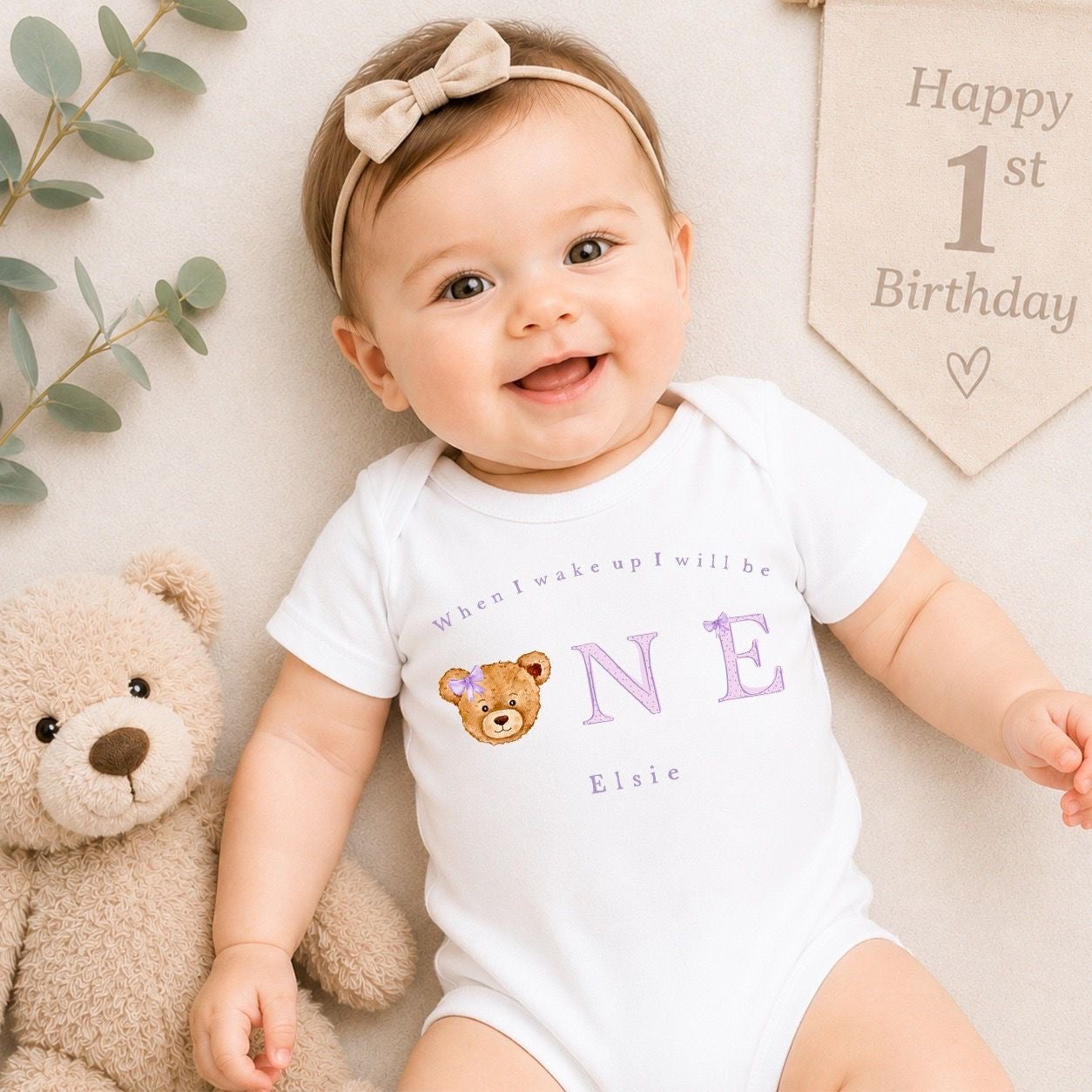Personalised First Birthday Baby Vest | 1st Birthday Outfit - Lilac Bear Head Design