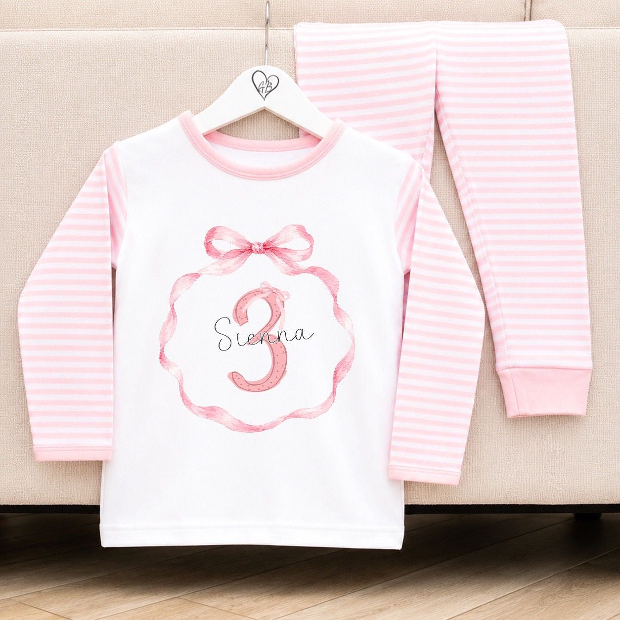 Personalised Pink Stripe Birthday Pyjamas - Bow Wreath Design