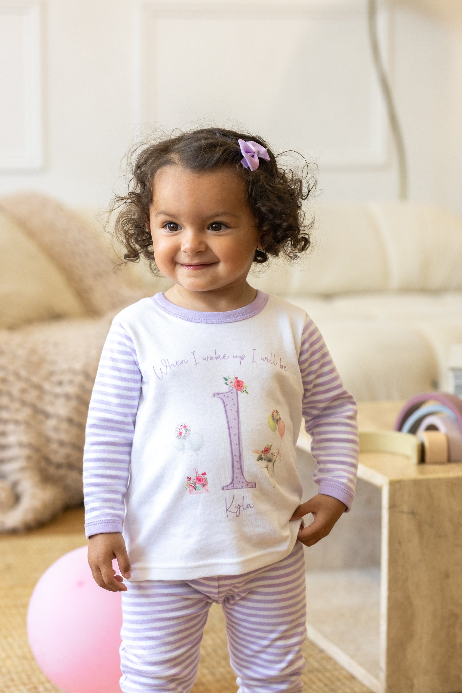 Personalised Lilac Stripe Birthday Pyjamas - Lilac Bunny Party Design
