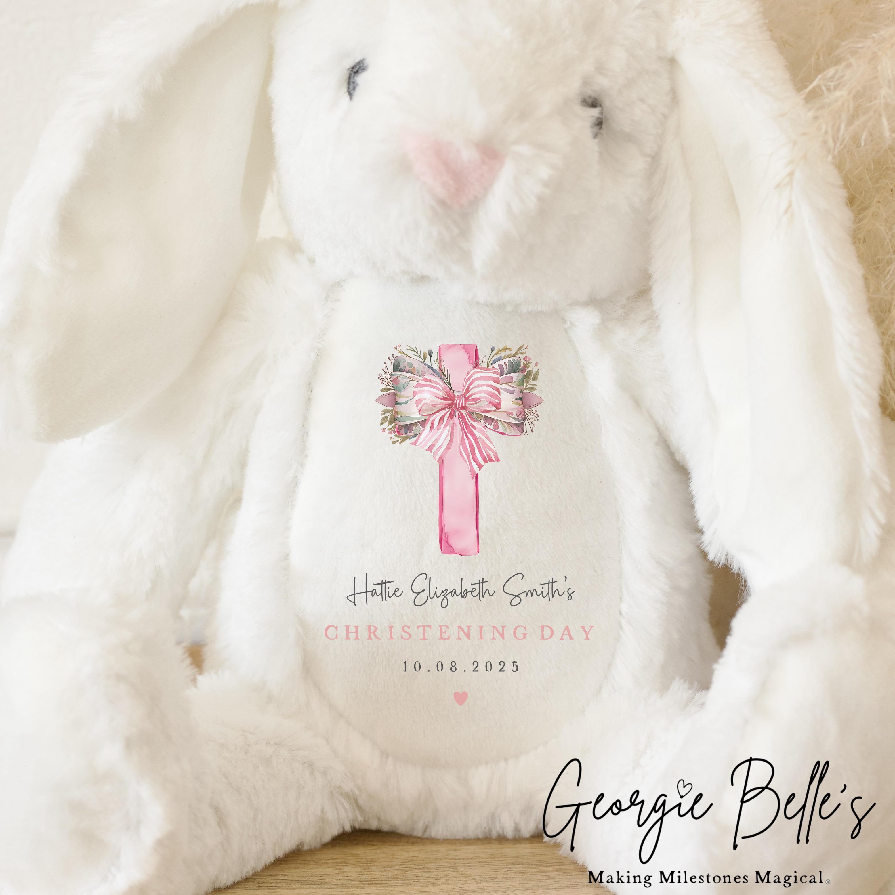 Personalised Christening White Bunny - Pink Floral Bow Cross Design