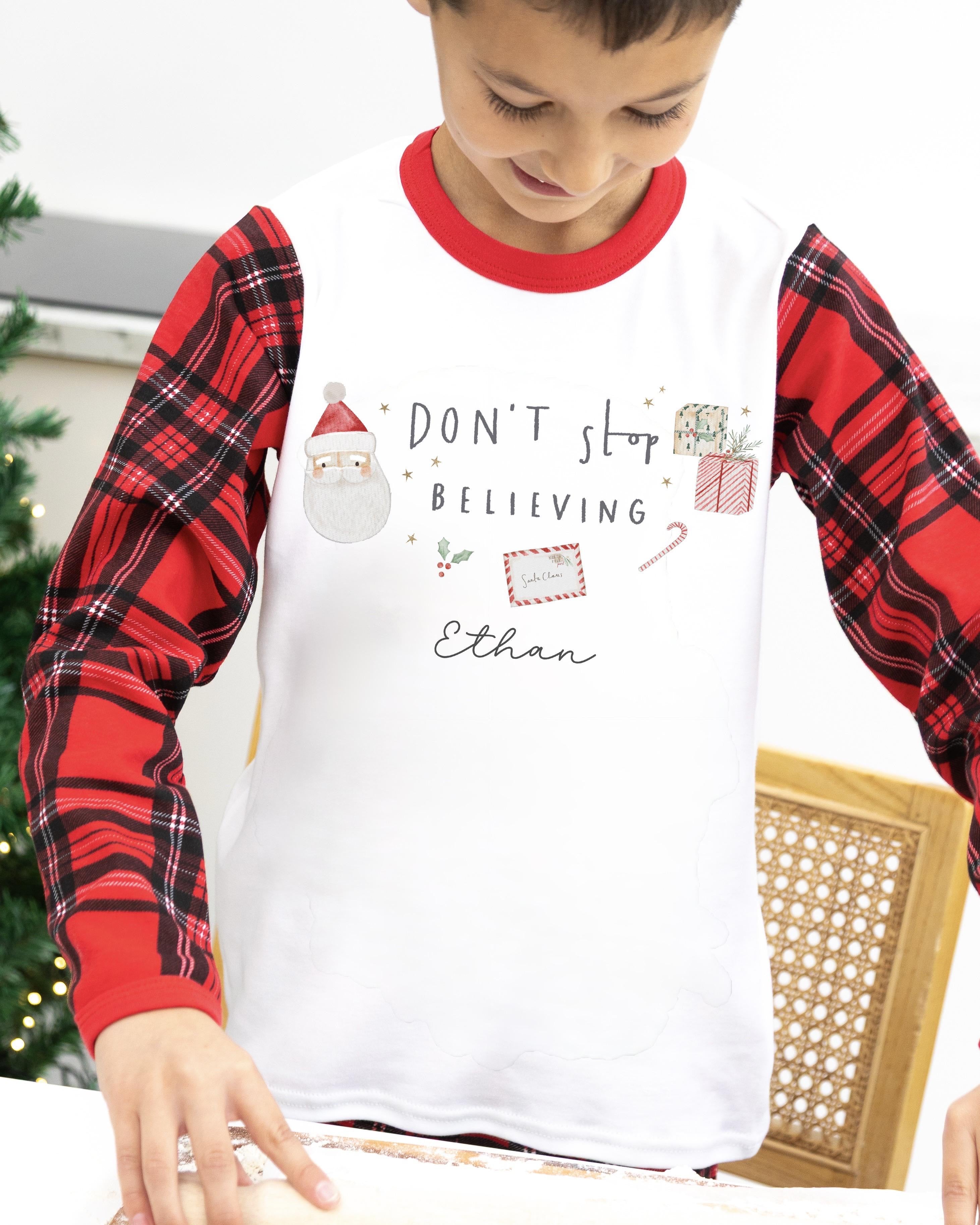 Tartan Family Matching Personalised Christmas Pyjamas - Don’t Stop Beliving Design