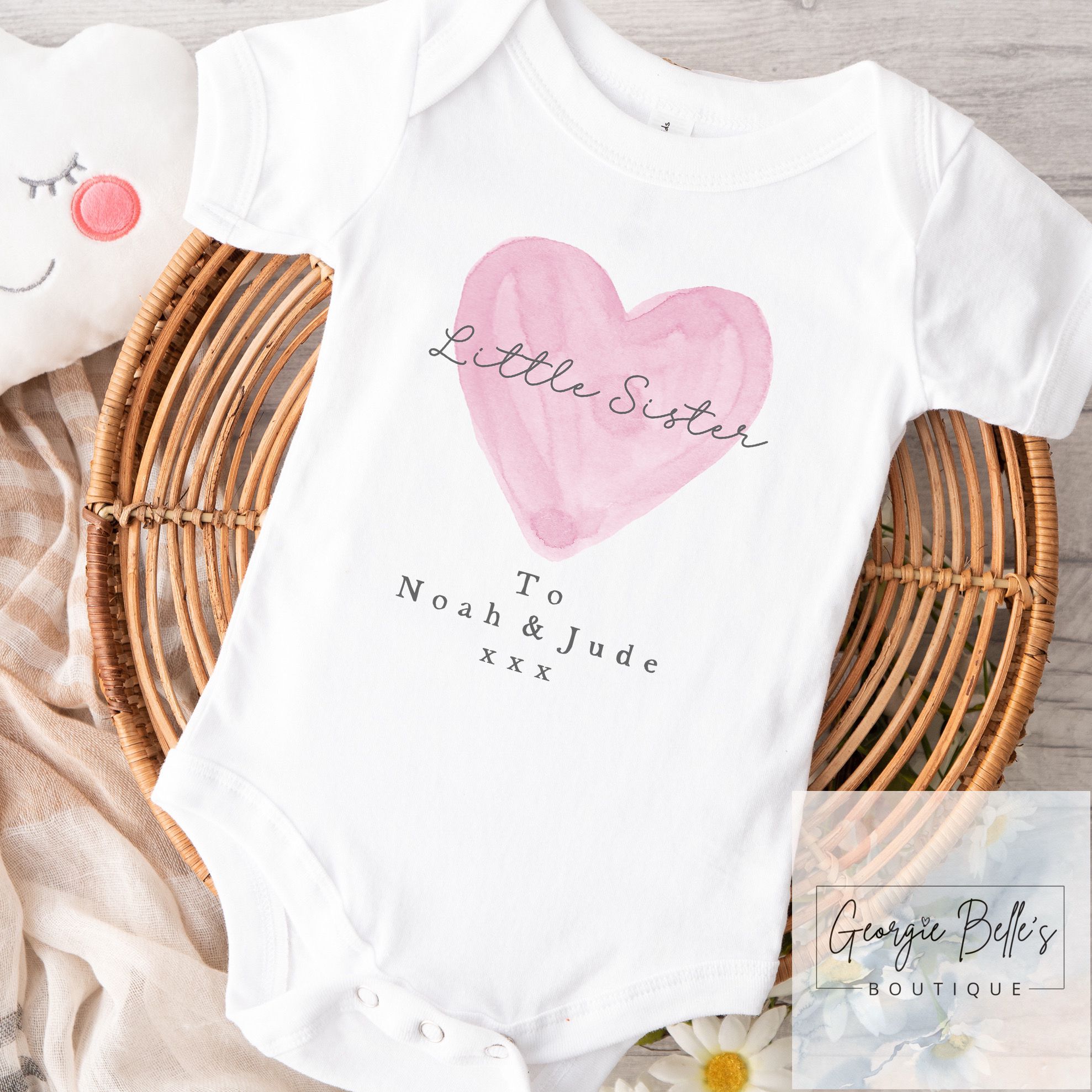 Personalised Announcement Vest / Babygrow - Pink Heart Sister Design