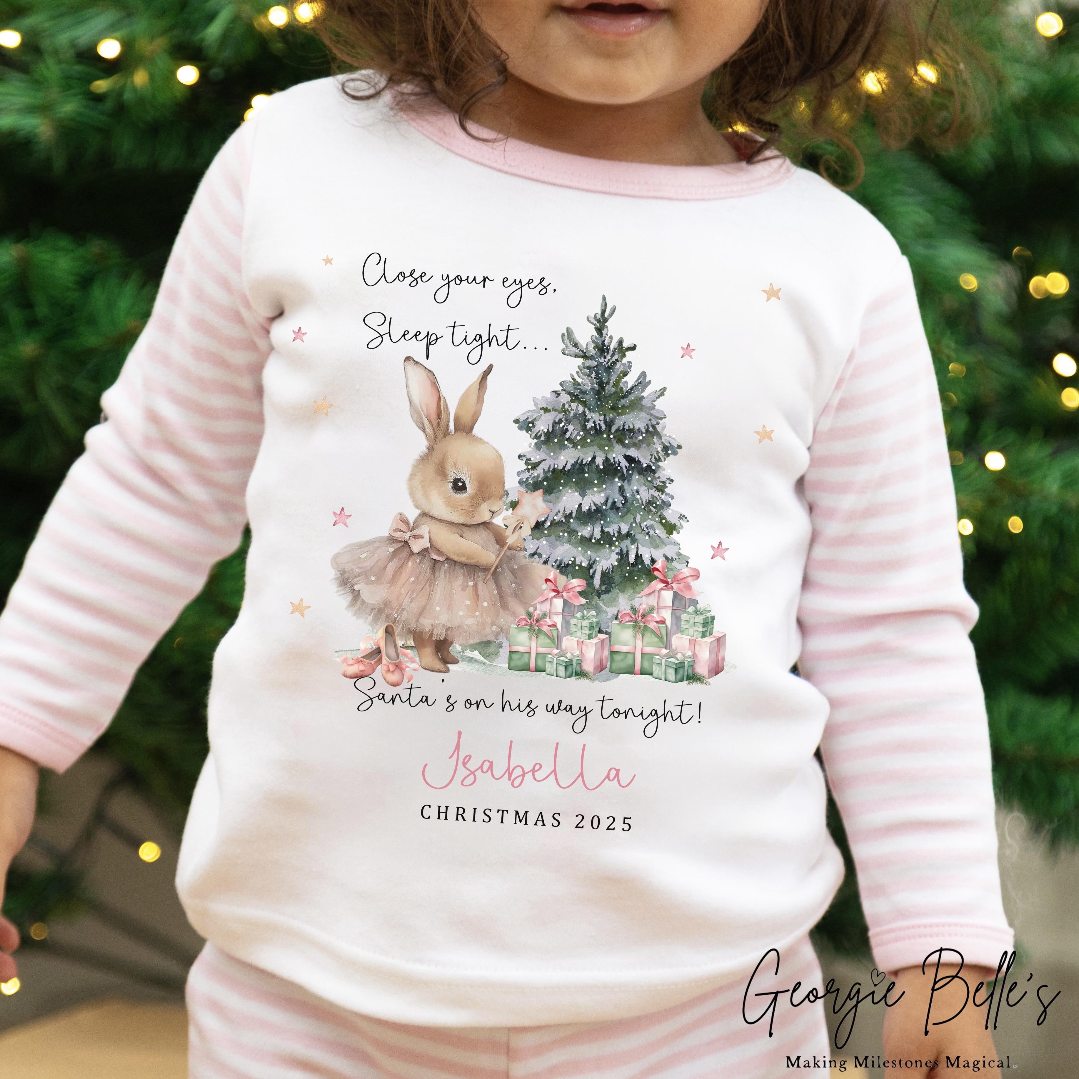 Personalised Pink Stripe Christmas Pyjamas - Pink Bunny Design