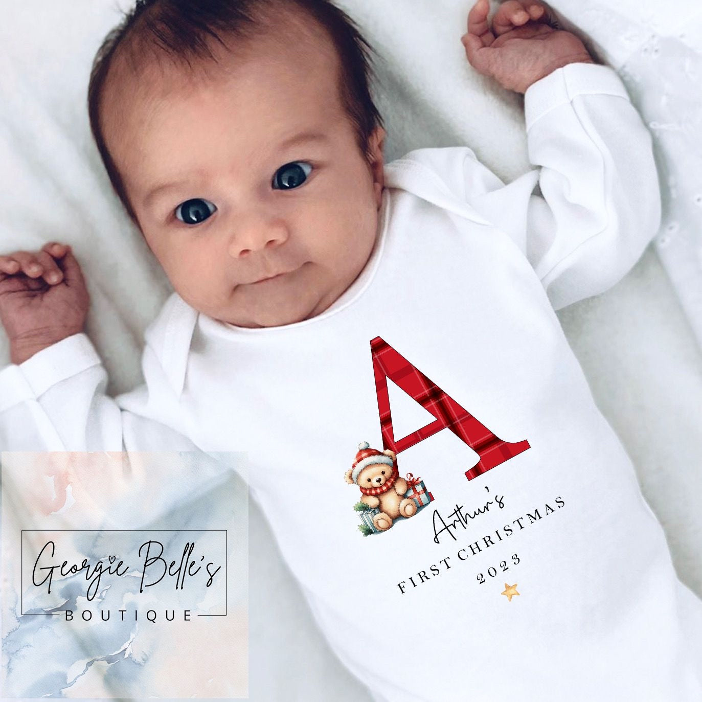 My 1st Christmas Vest / Babygrow - Tartan Initial Teddy Bear Design