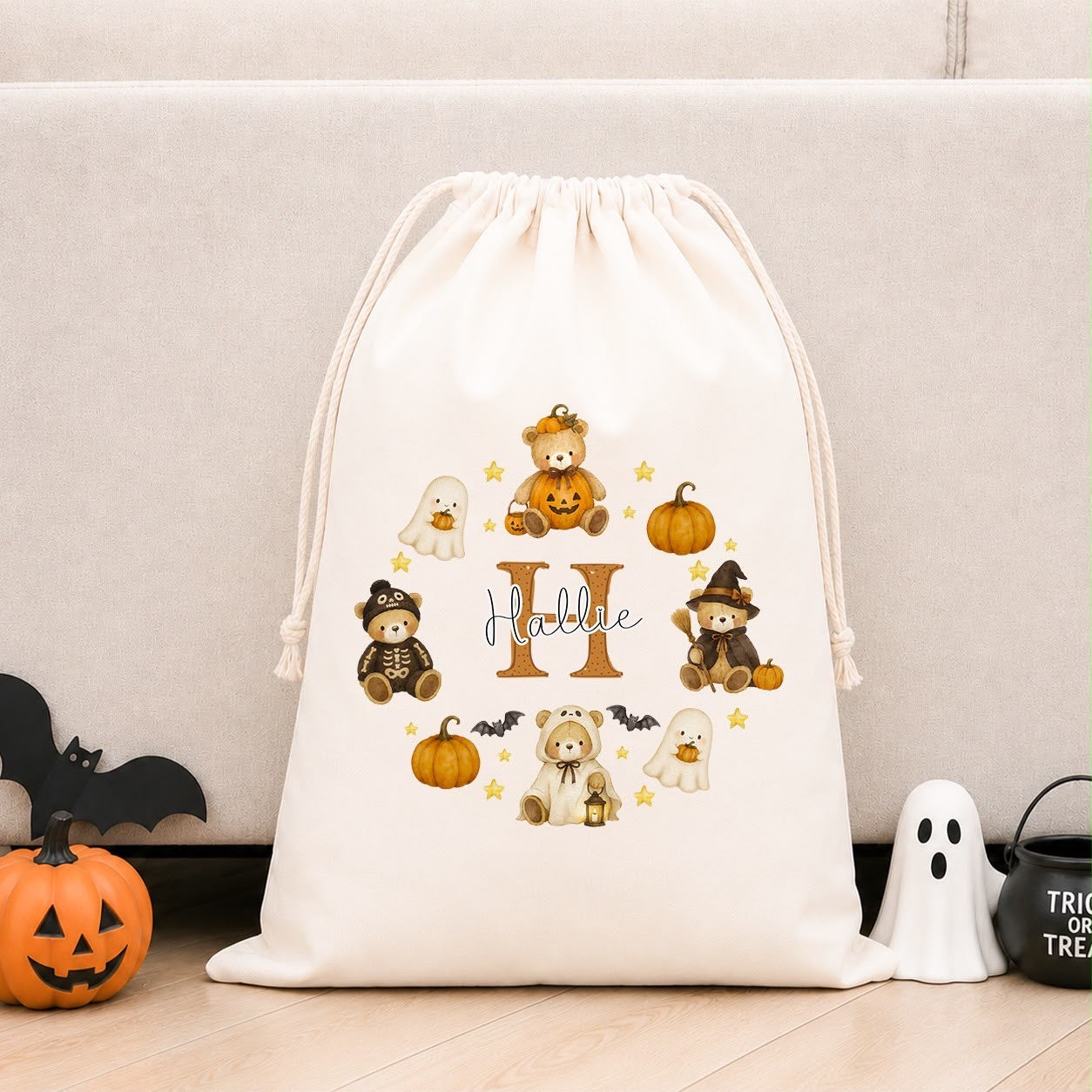 Personalised Halloween Boo Bag & Treat Sack | Bear Initial Wreath Design