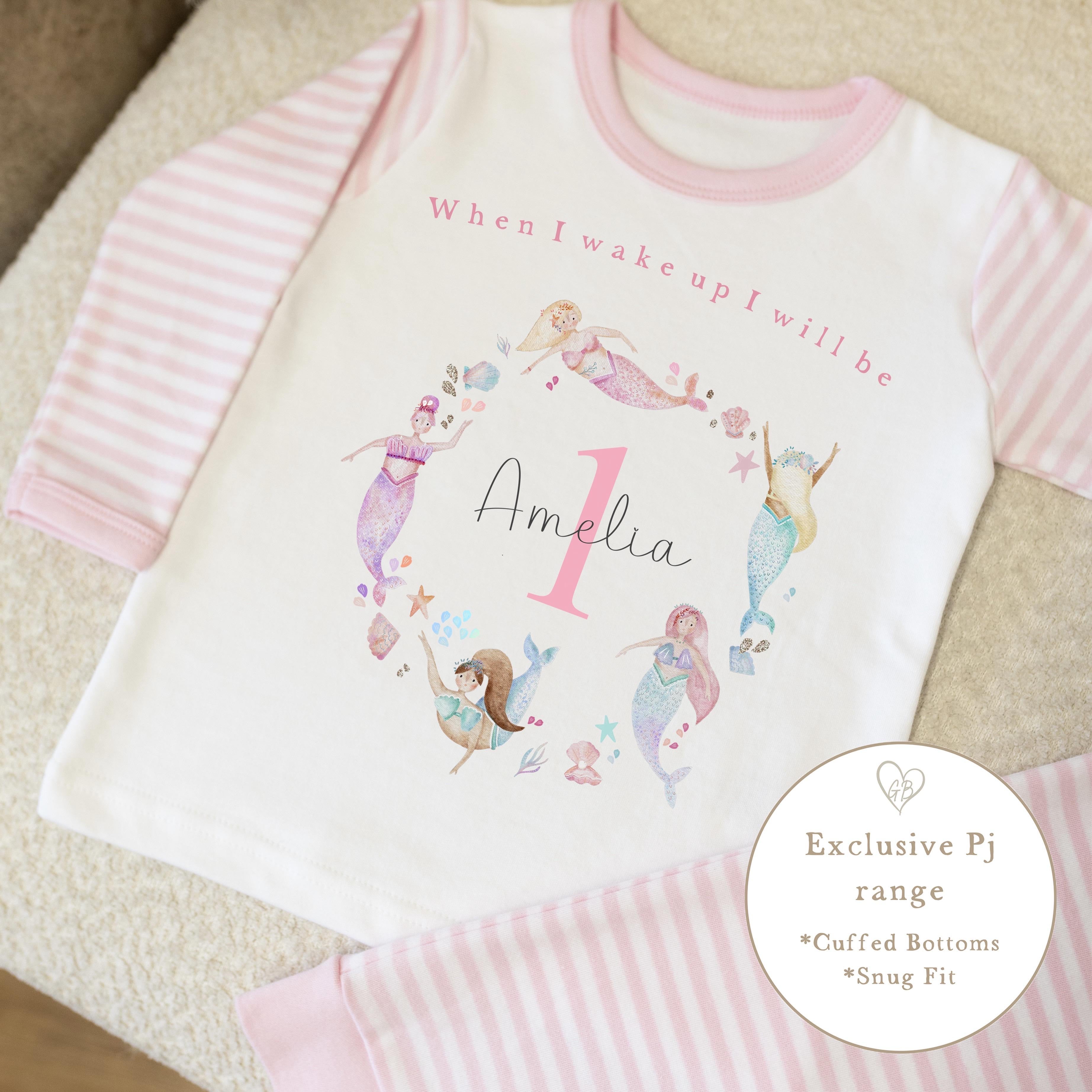 Pink & White Striped Personalised Birthday Pyjamas - Pink Mermaid Wreath Design