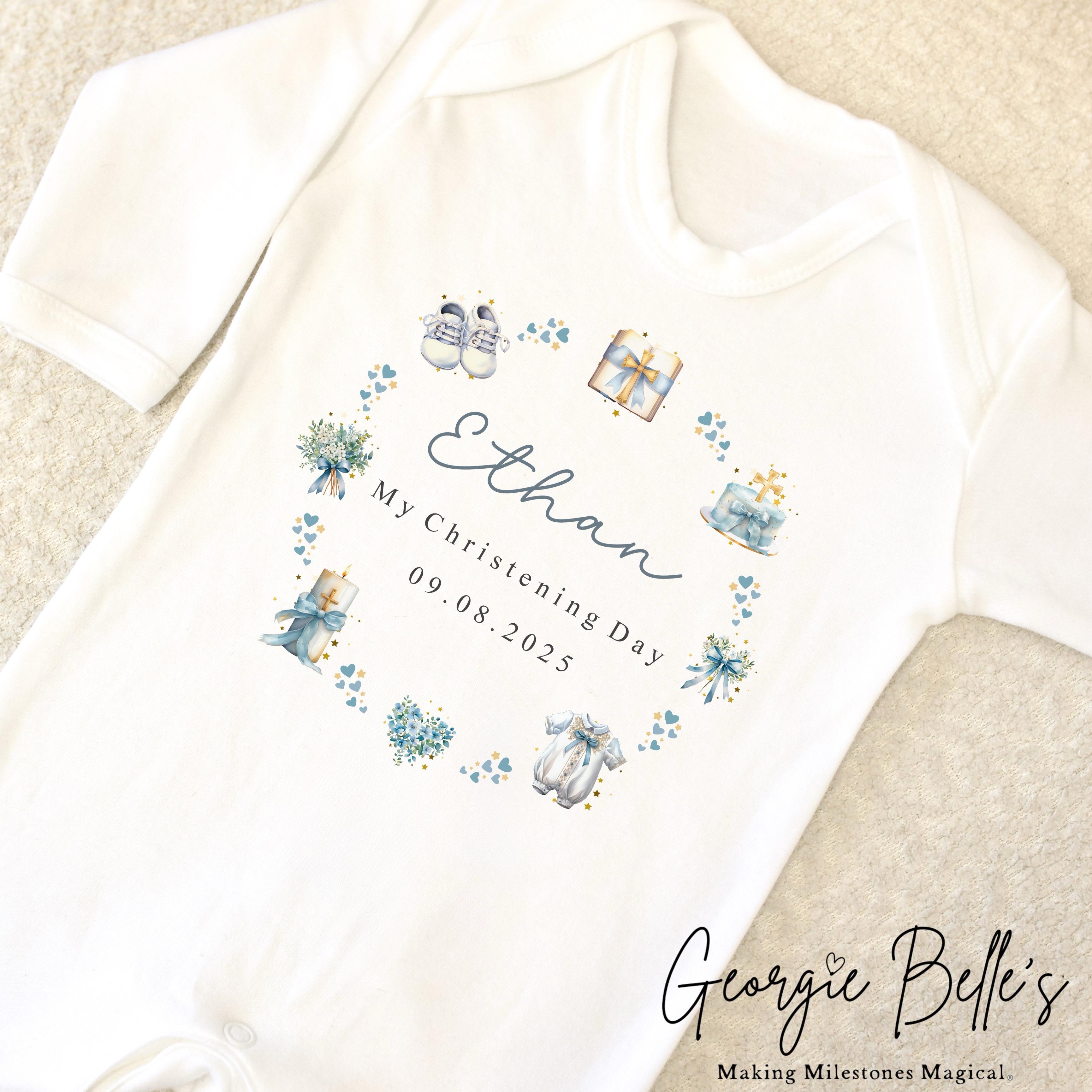 Personalised Christening Babygrow / Vest - Blue Wreath Design