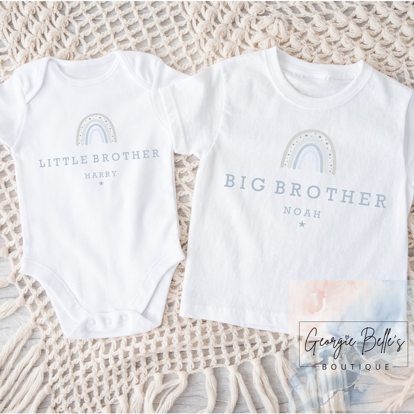 Personalised Big Brother / Little Brother Matching Set - Blue/Grey Rainbow Design