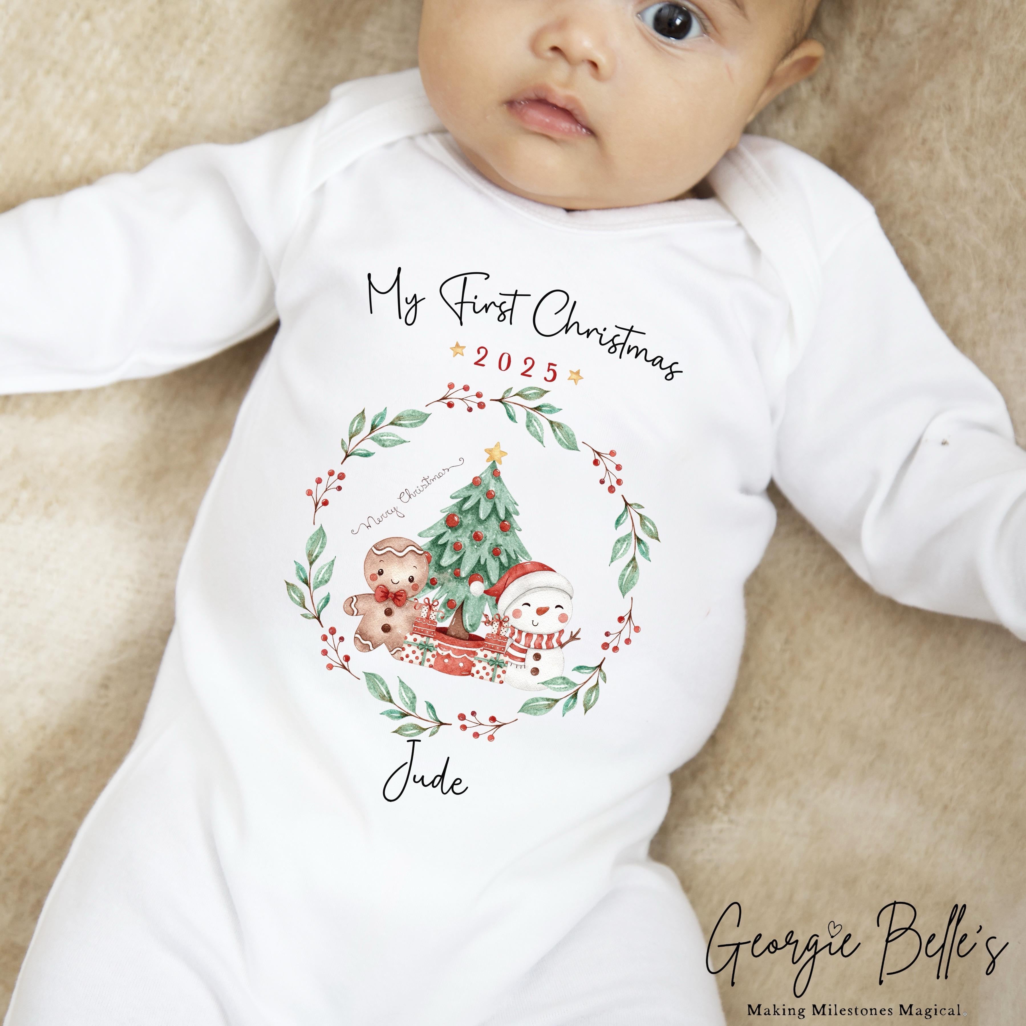 Personalised Christmas Sleepsuit / Bodysuit - First Christmas Wreath Design