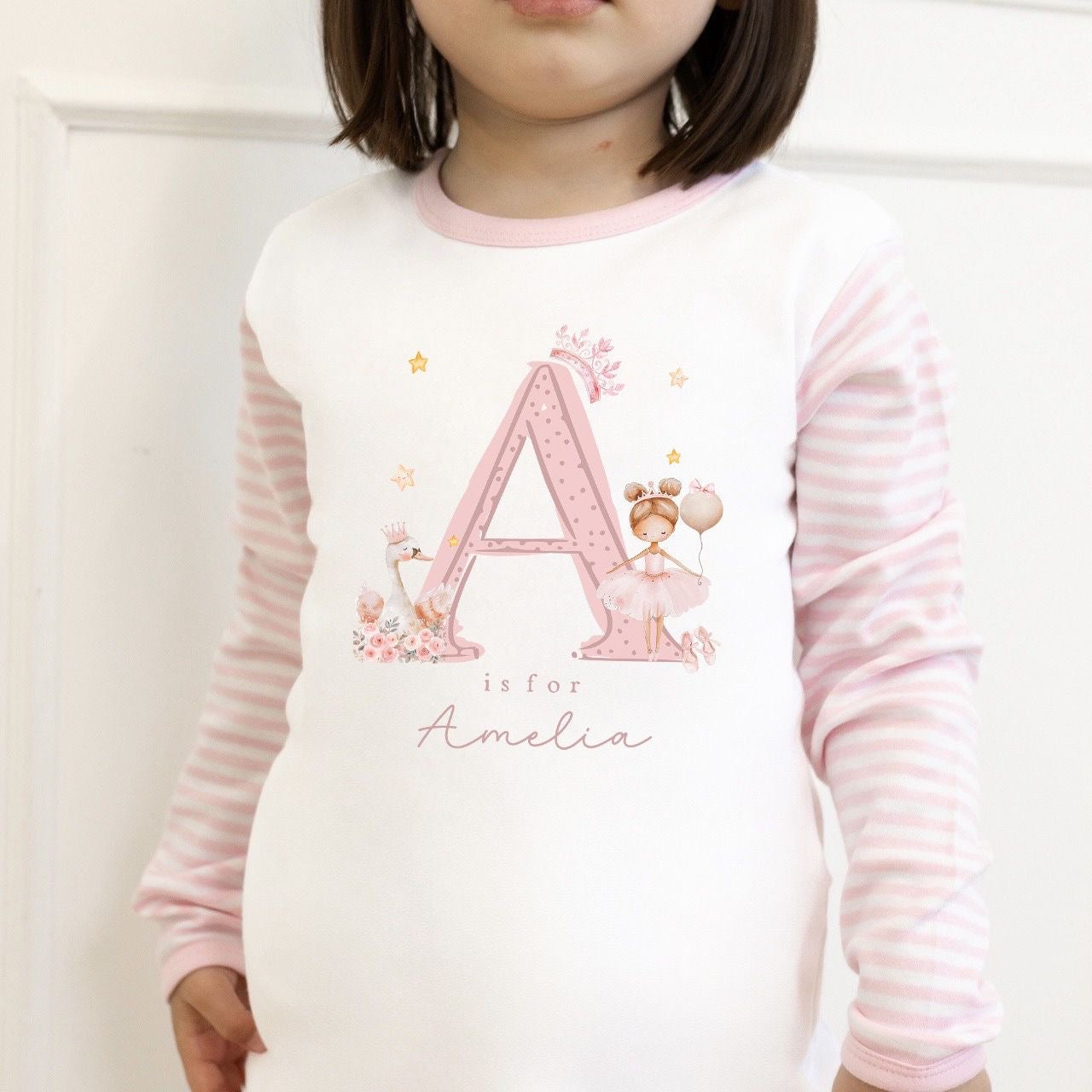 Personalised Girls Gifting Pyjamas Pink Stripe - Ballerina Swan Initial Design