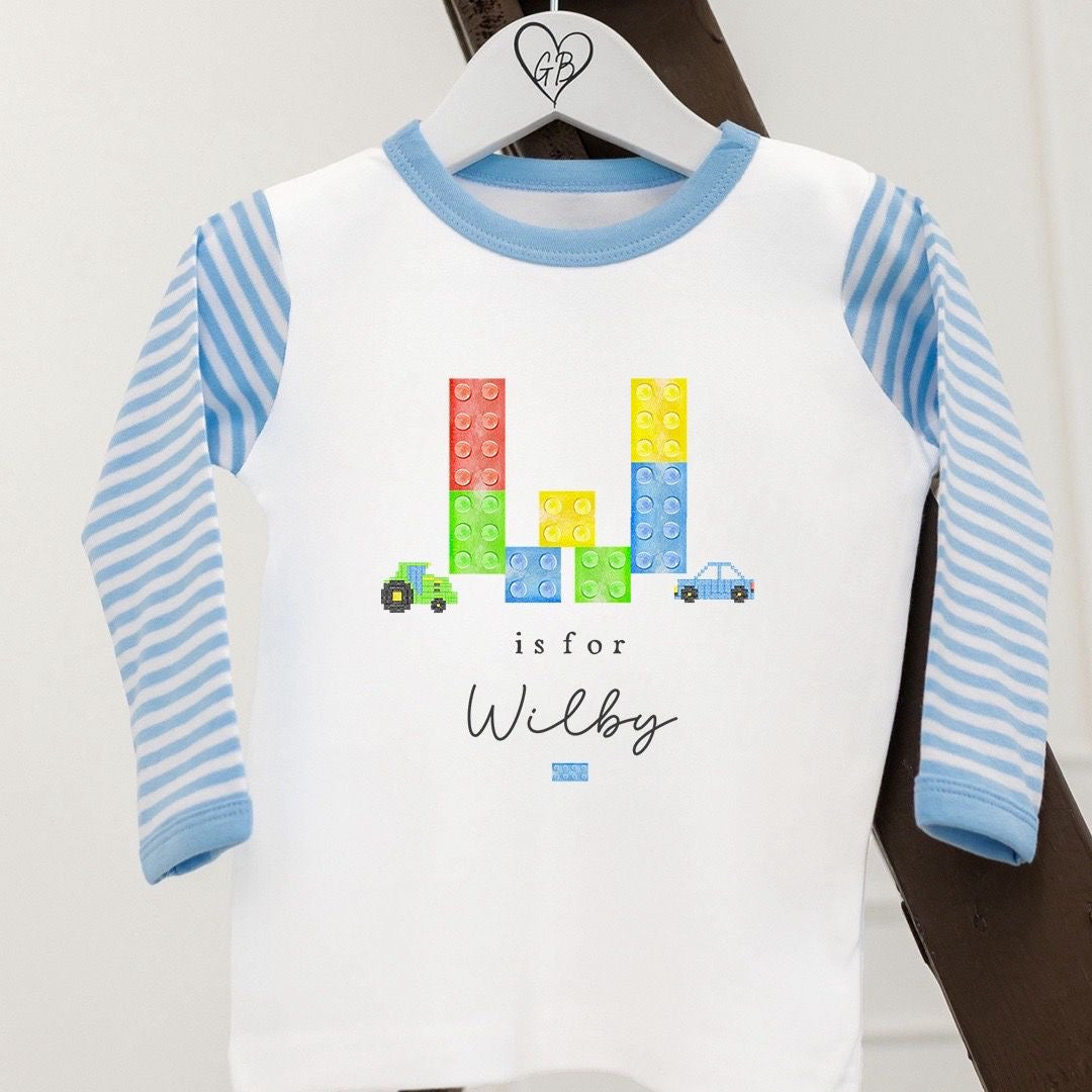 Personalised Boys Gifting Pyjamas Blue Stripe - Lego Initial Design
