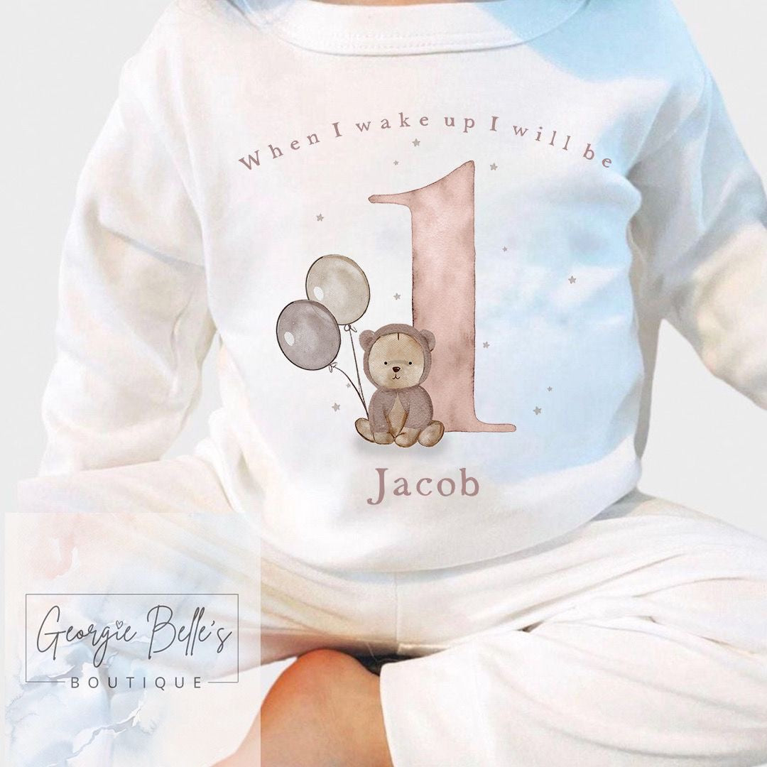 Personalised Birthday Pyjamas When I wake up neutral Bear Design