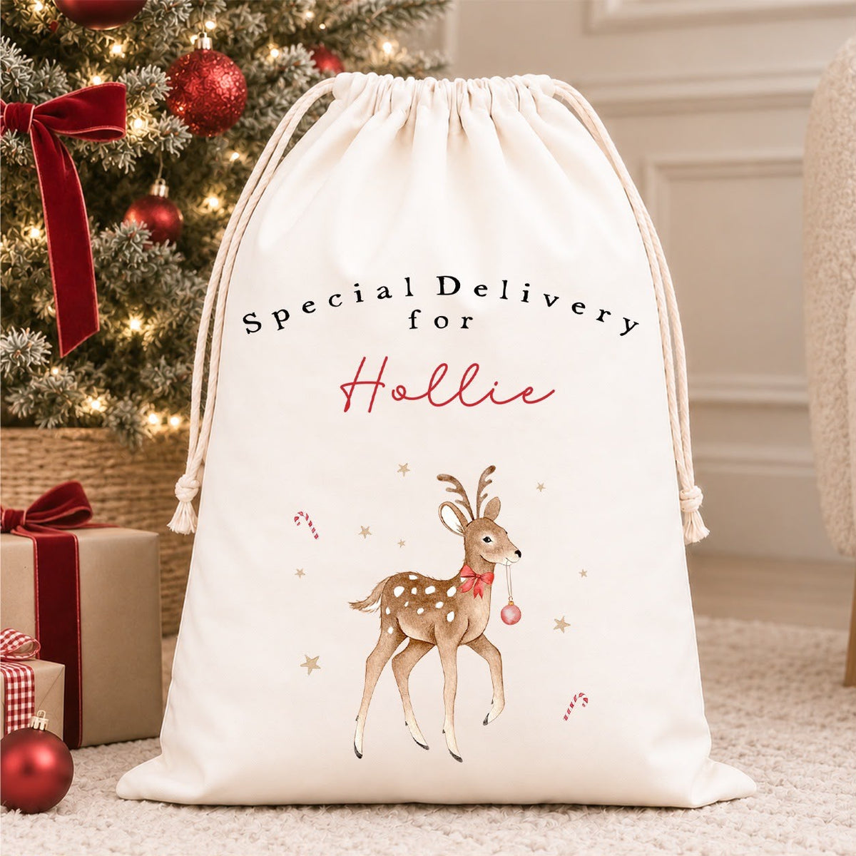 Luxury Personalised Premium Cotton Christmas Sack | Personalised Santa Sack | Reindeer Design