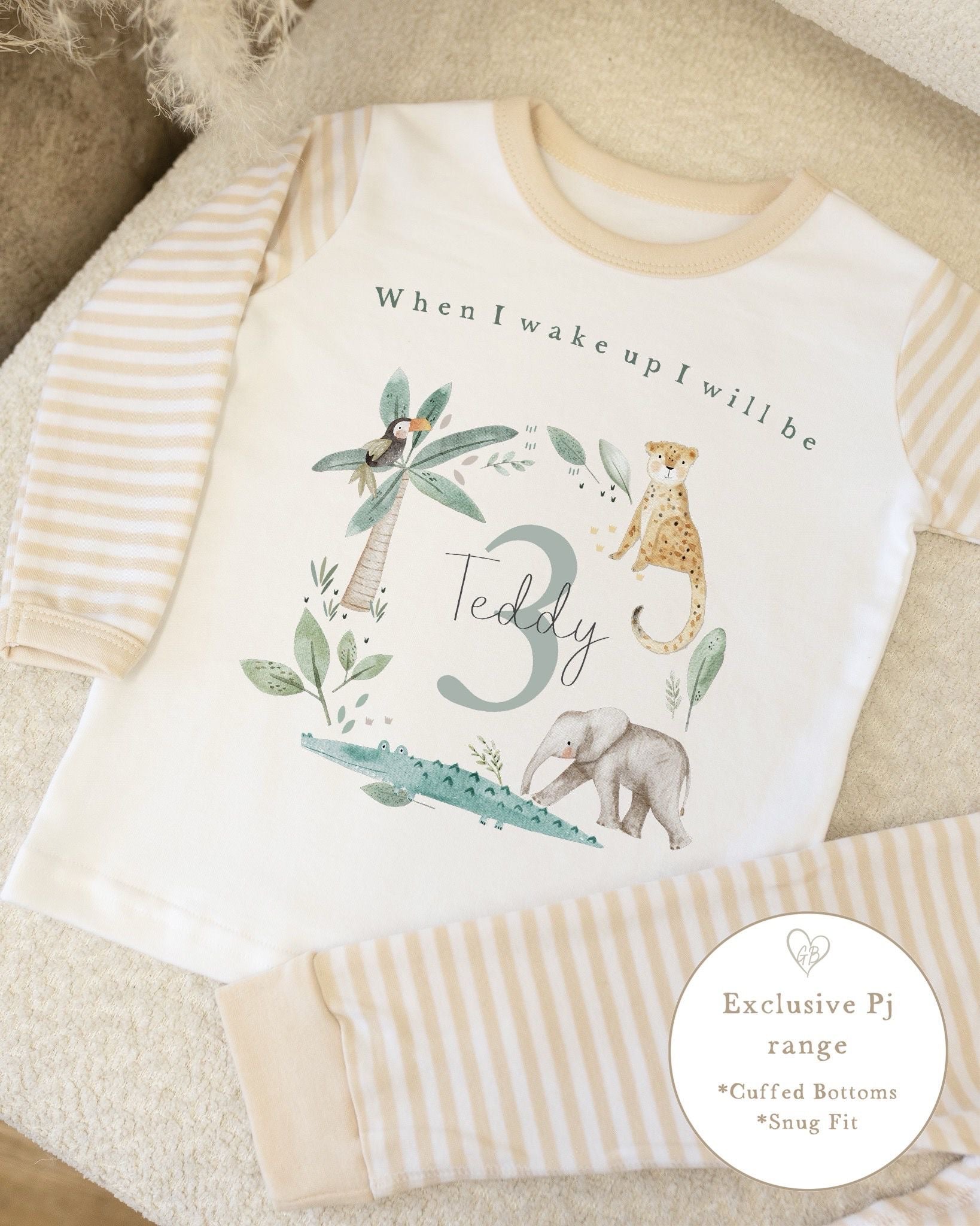 Beige & White Striped Personalised Birthday Pyjamas - Jungle Wreath Design