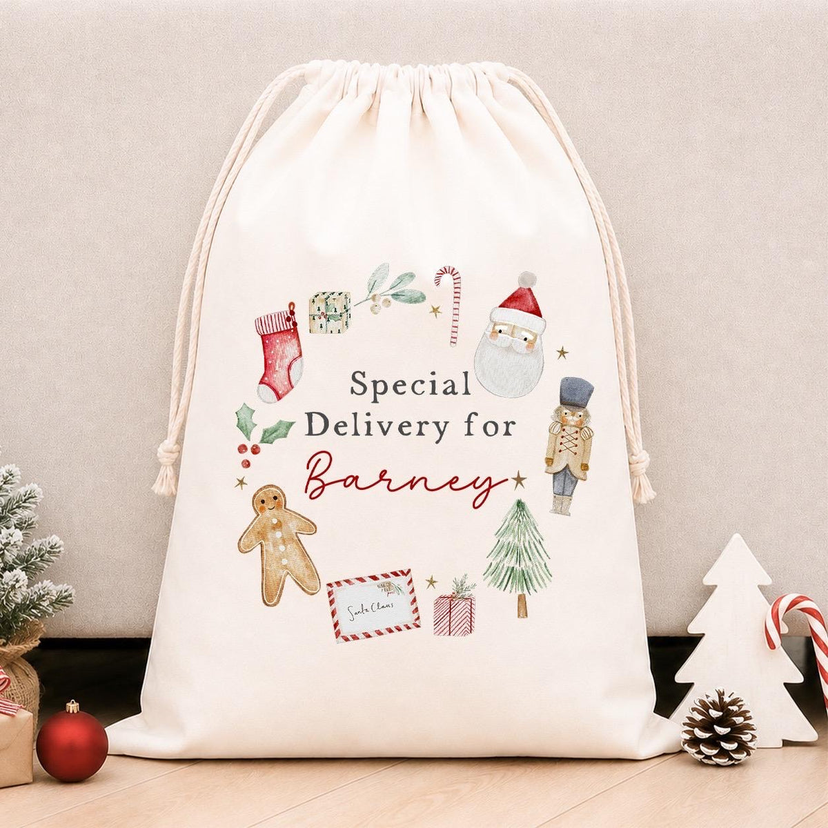 Luxury Personalised Premium Cotton Christmas Sack | Personalised Santa Sack | Classic Wreath Design