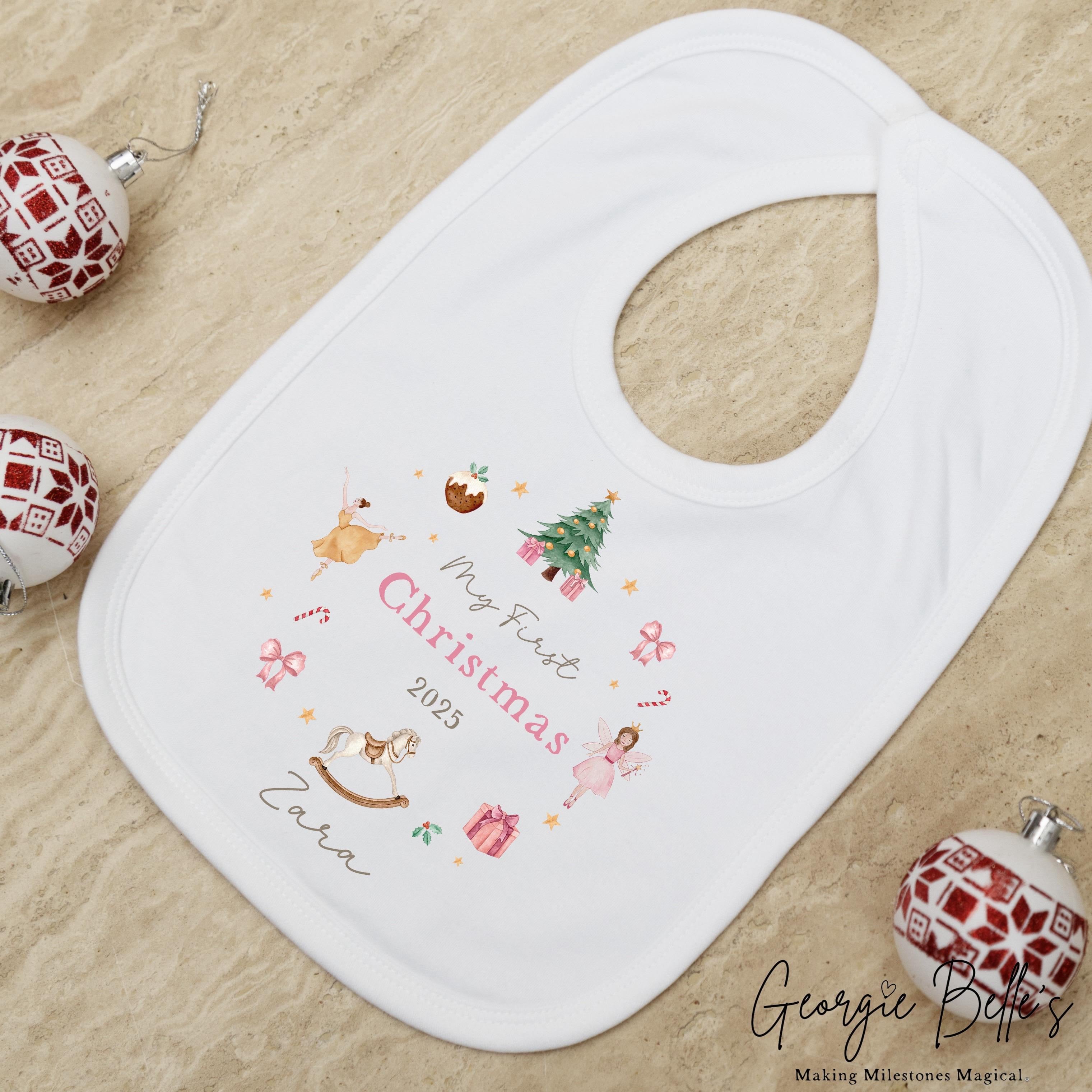 Personalised Christmas Sleepsuit / Bodysuit - First Christmas Pink Nutcracker Wreath Design