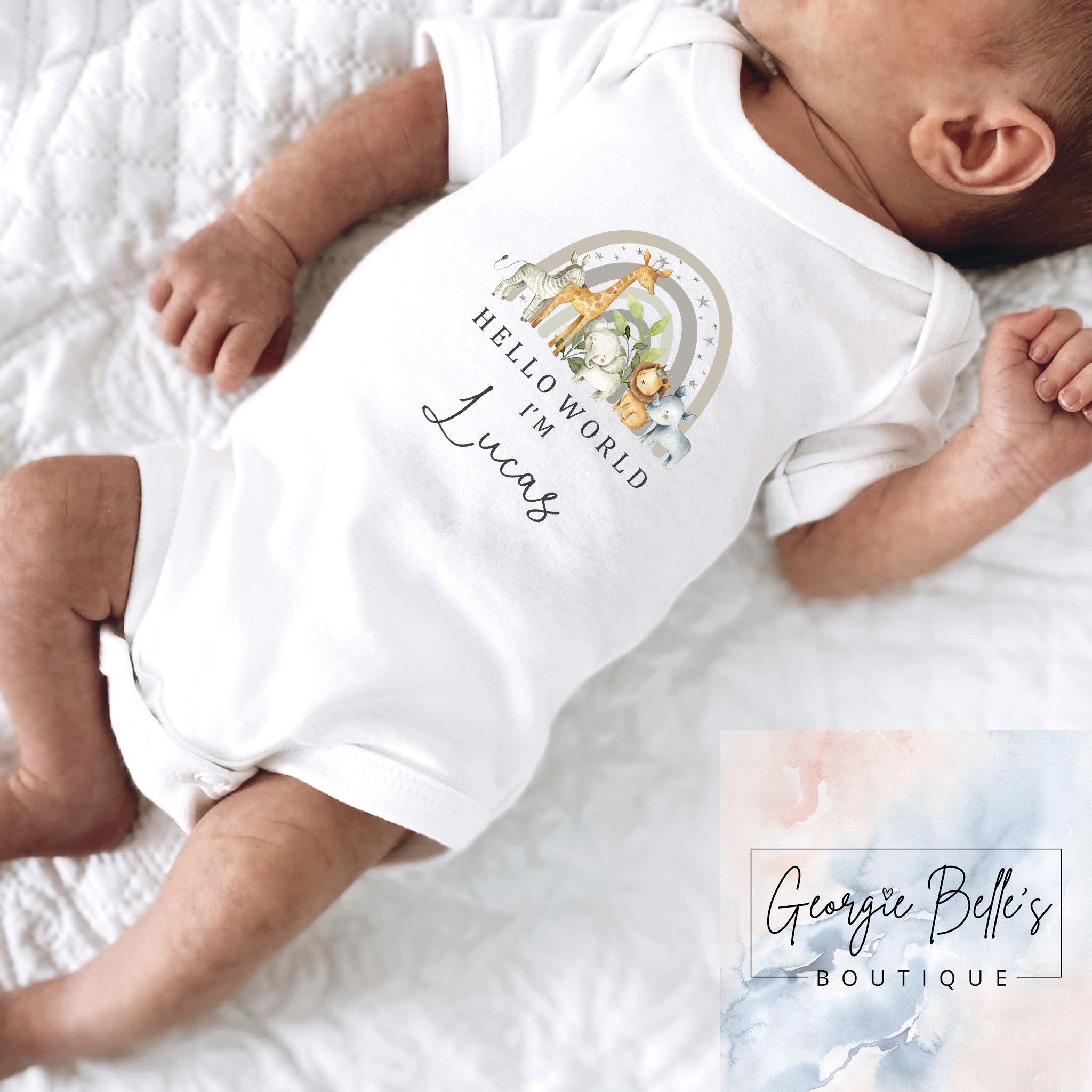 Personalised Baby Announcement Vest / Babygrow - Hello World Safari Design