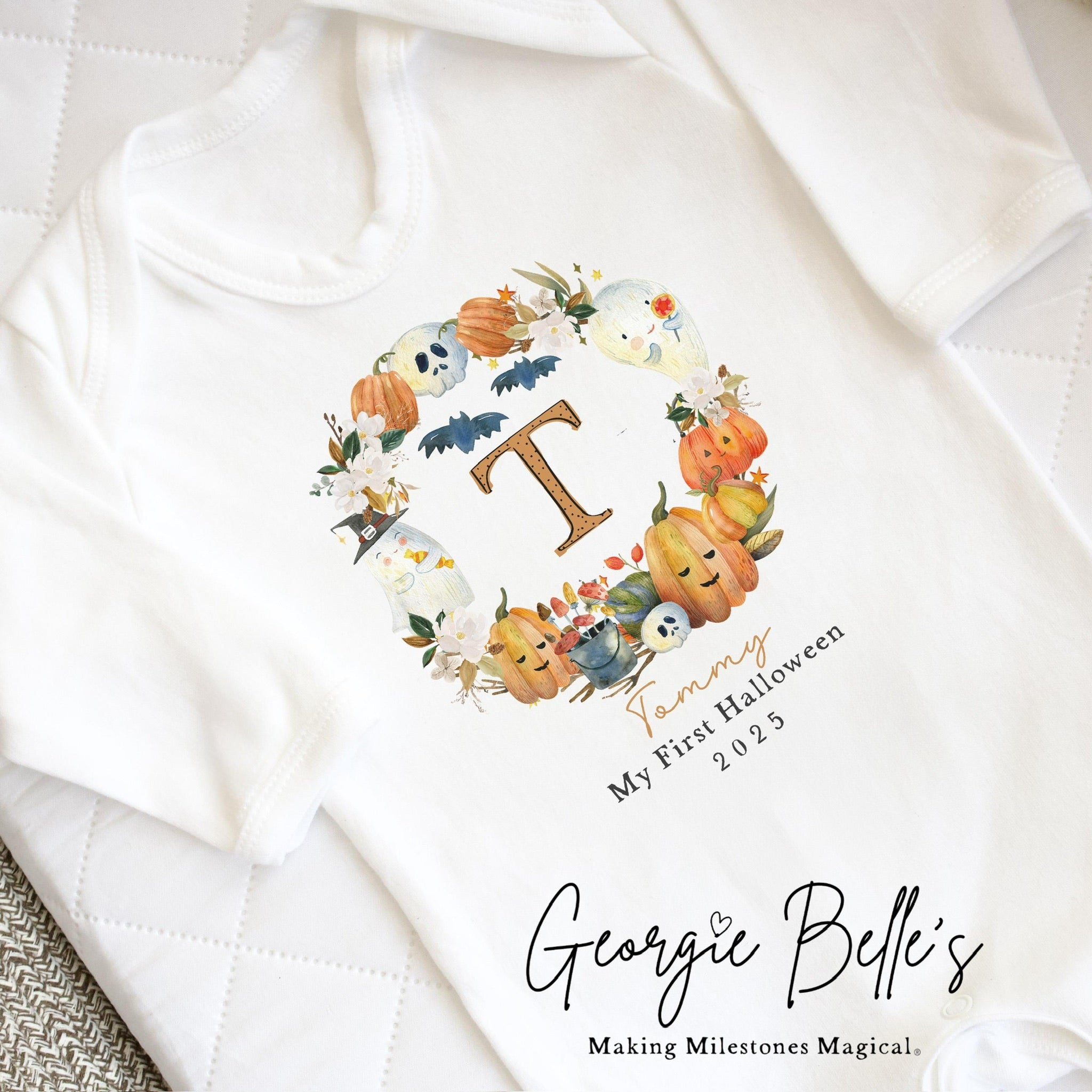 Personalised Halloween Bodysuit / Sleepsuit - My First Wreath Design