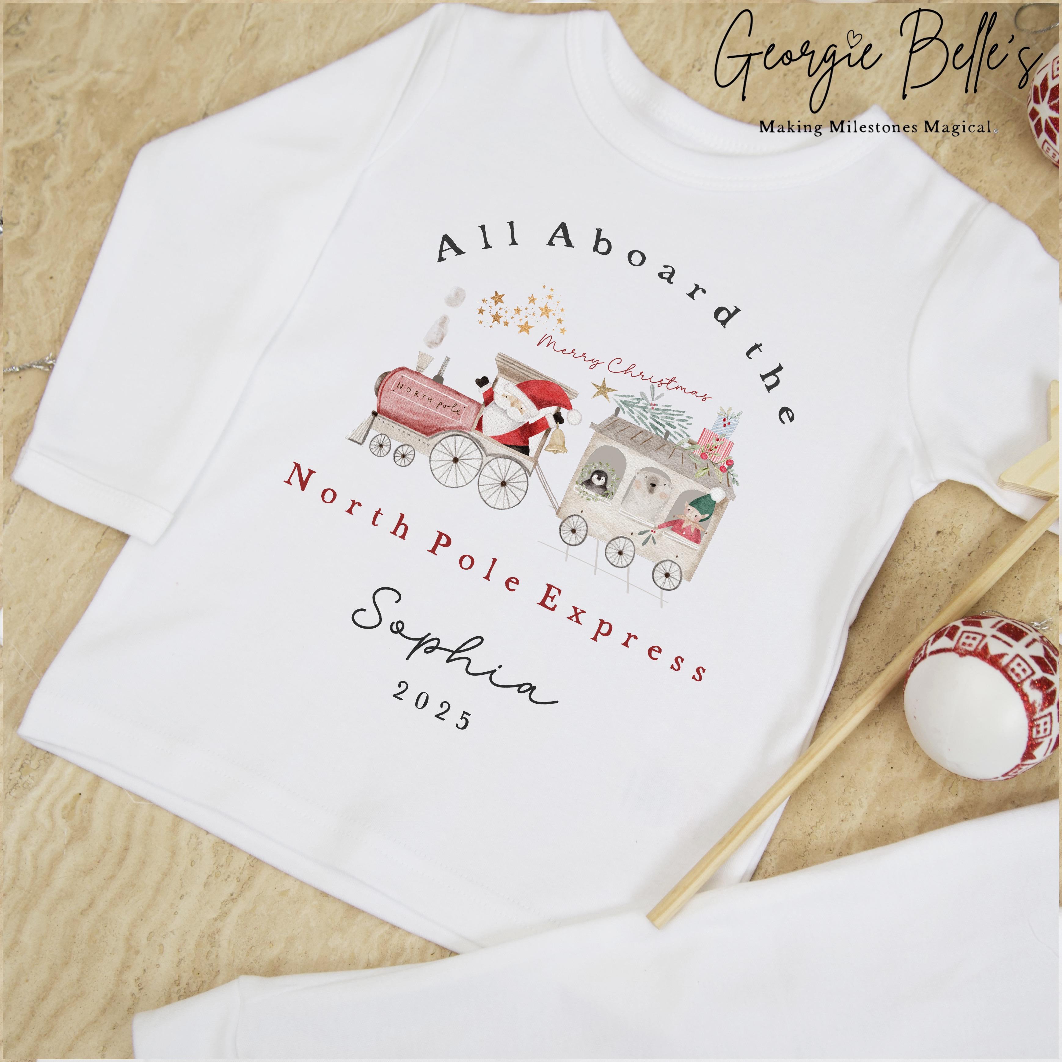 Personalised Plain White Christmas Pyjamas - North Pole Express Design