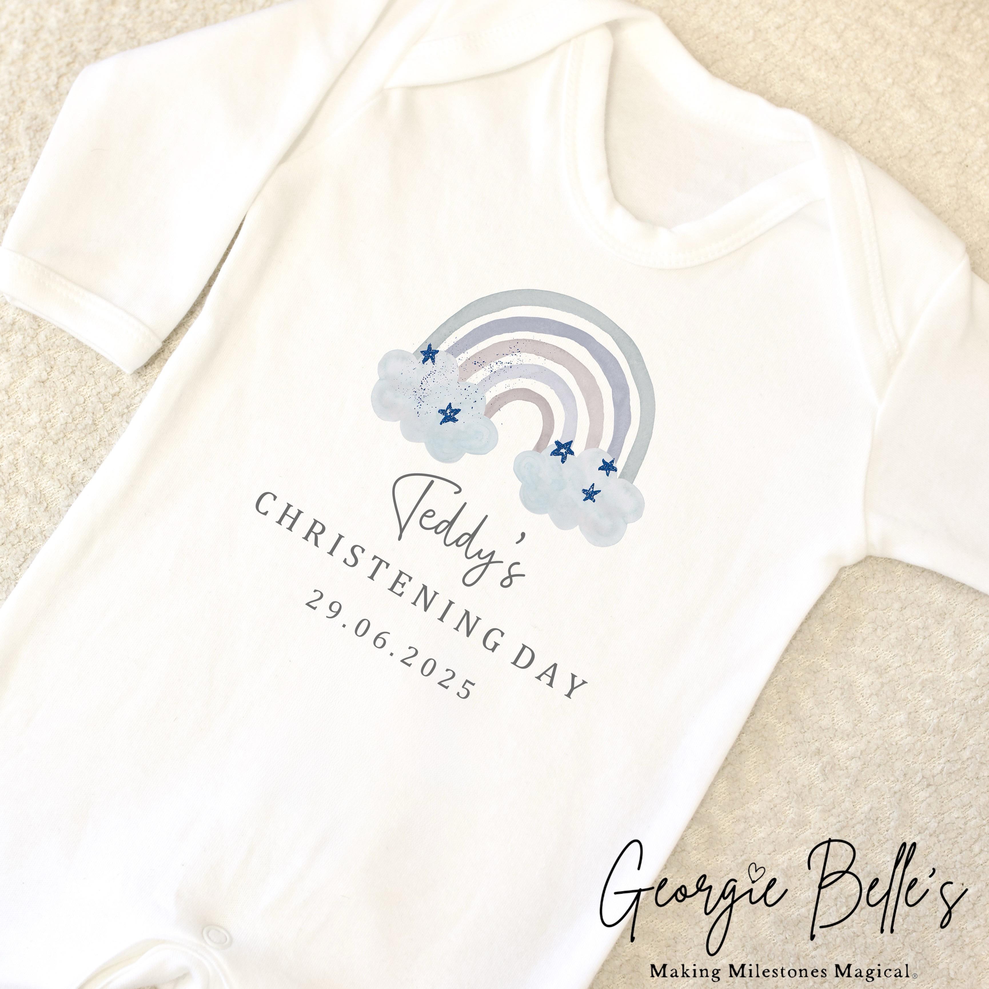 Personalised Christening Babygrow / Vest - Blue Rainbow Design