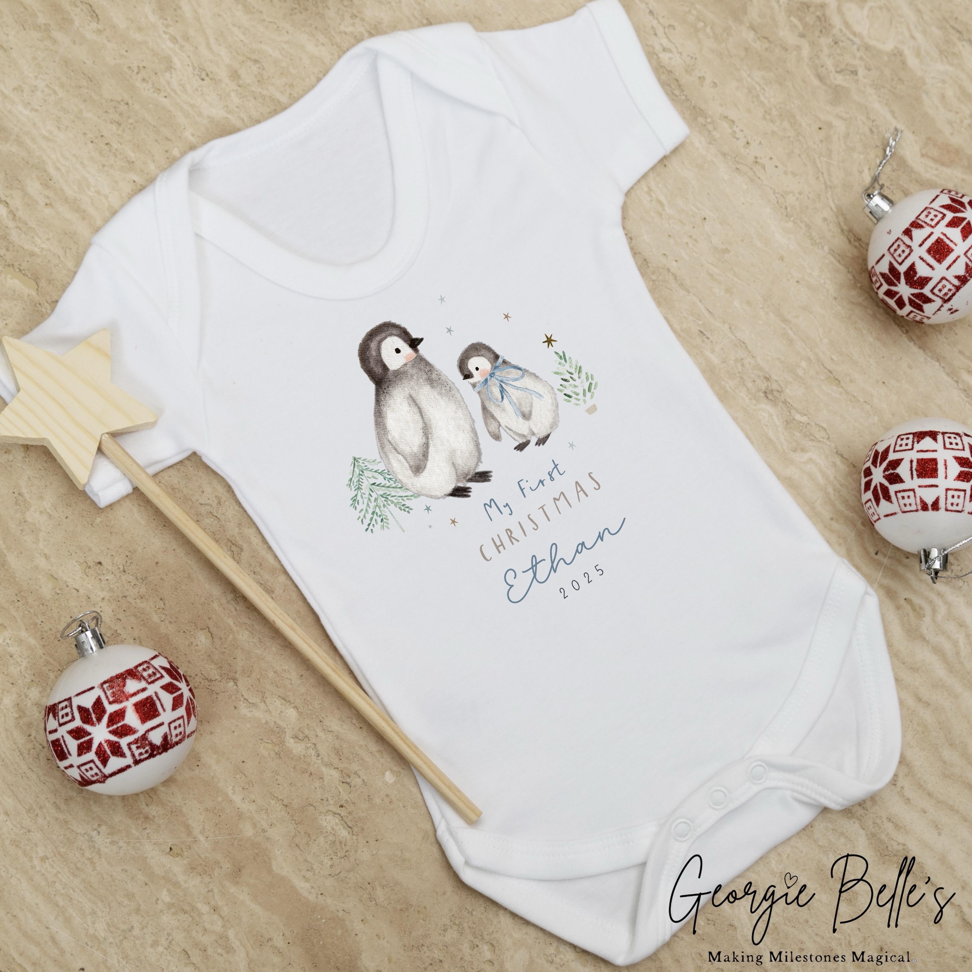 Personalised Christmas Sleepsuit / Bodysuit - First Christmas Blue Penguin Design