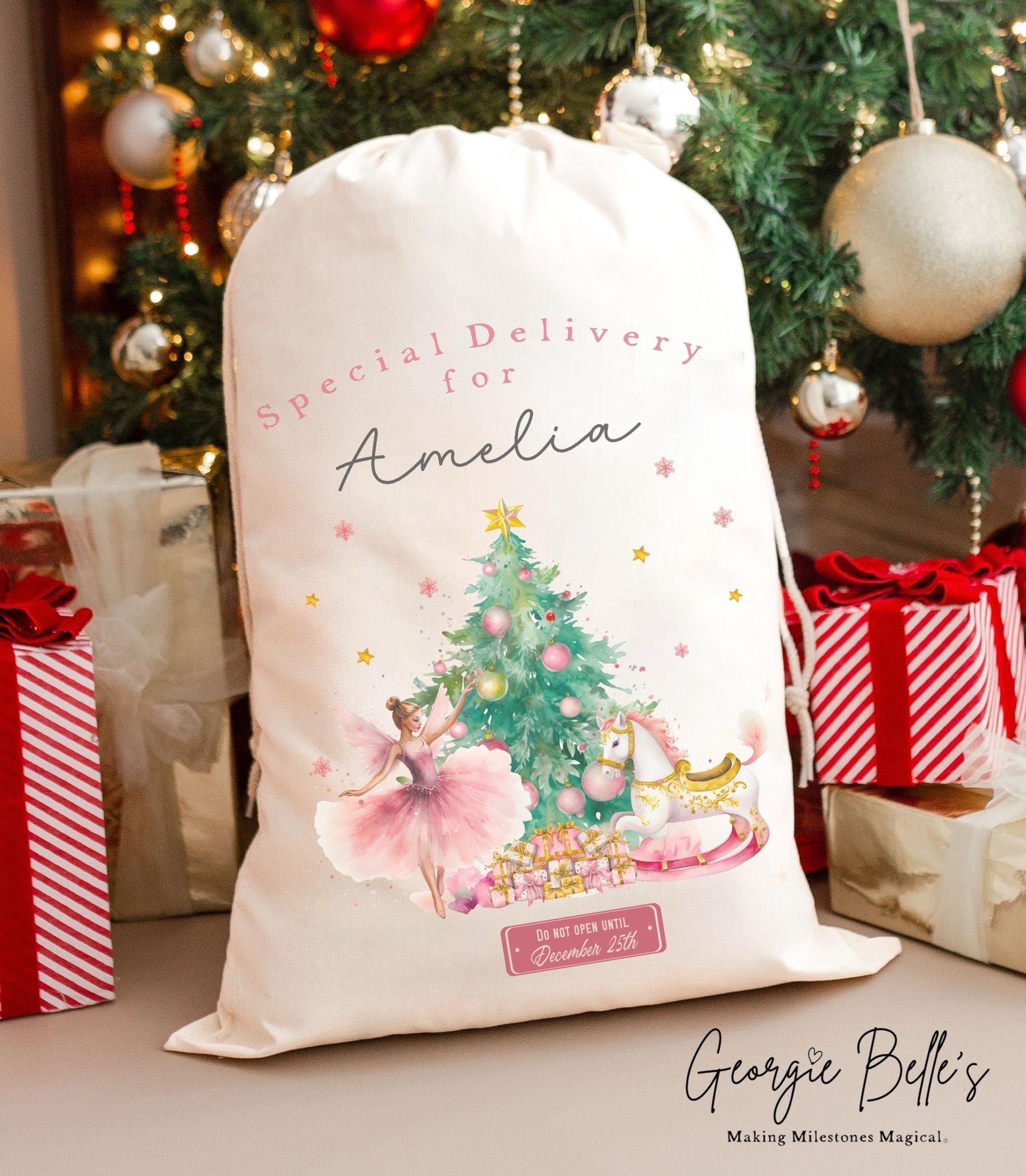 Personalised Luxury Premium Cotton Christmas Sack - Pink Ballerina Design