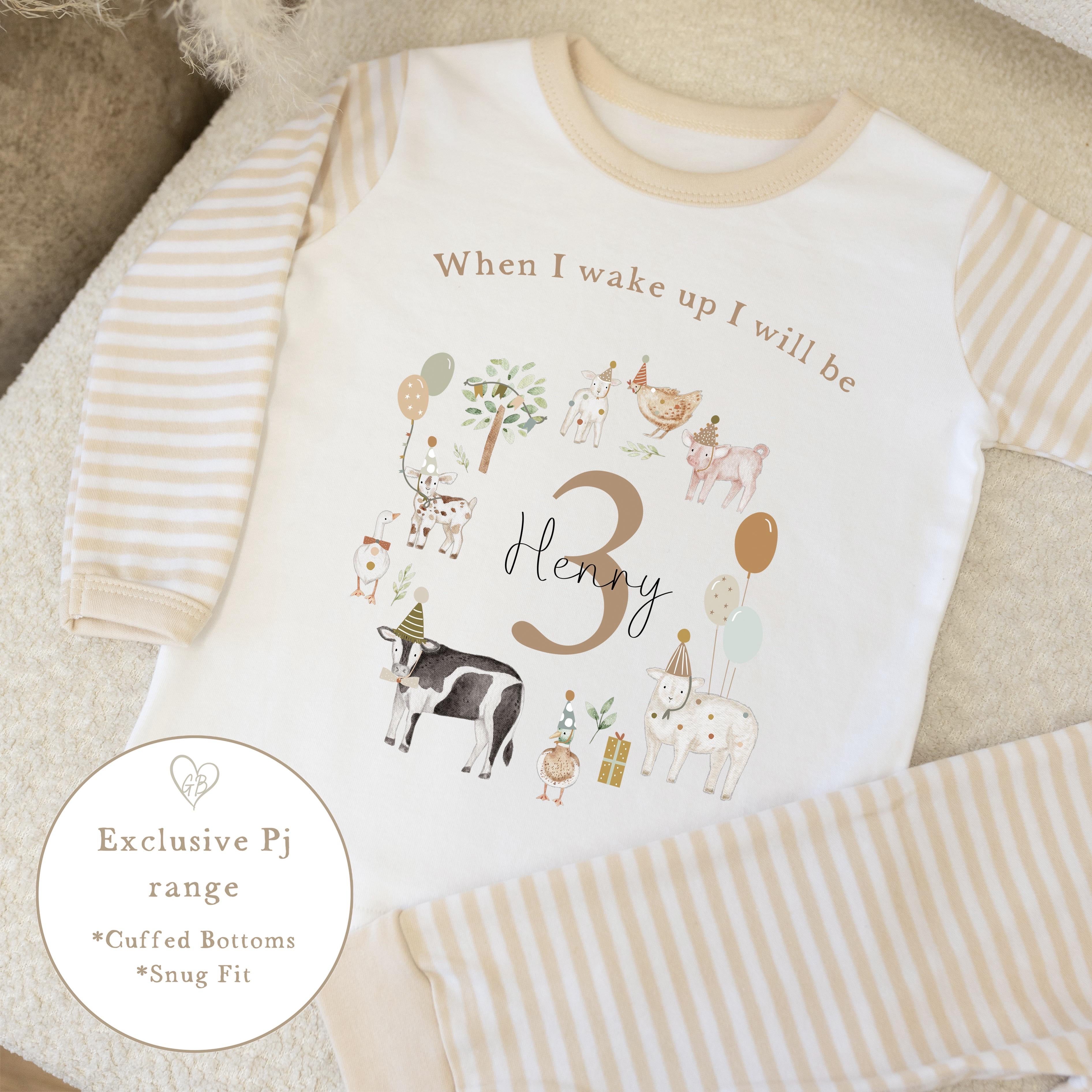 Personalised Beige Stripe Birthday Pyjamas - Farm Wreath Design