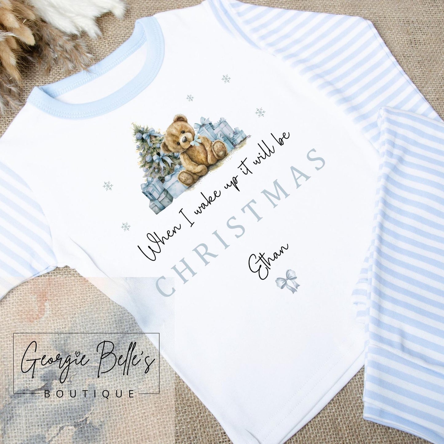 Sibling Matching White Teddy Bear Personalised Christmas Pyjamas