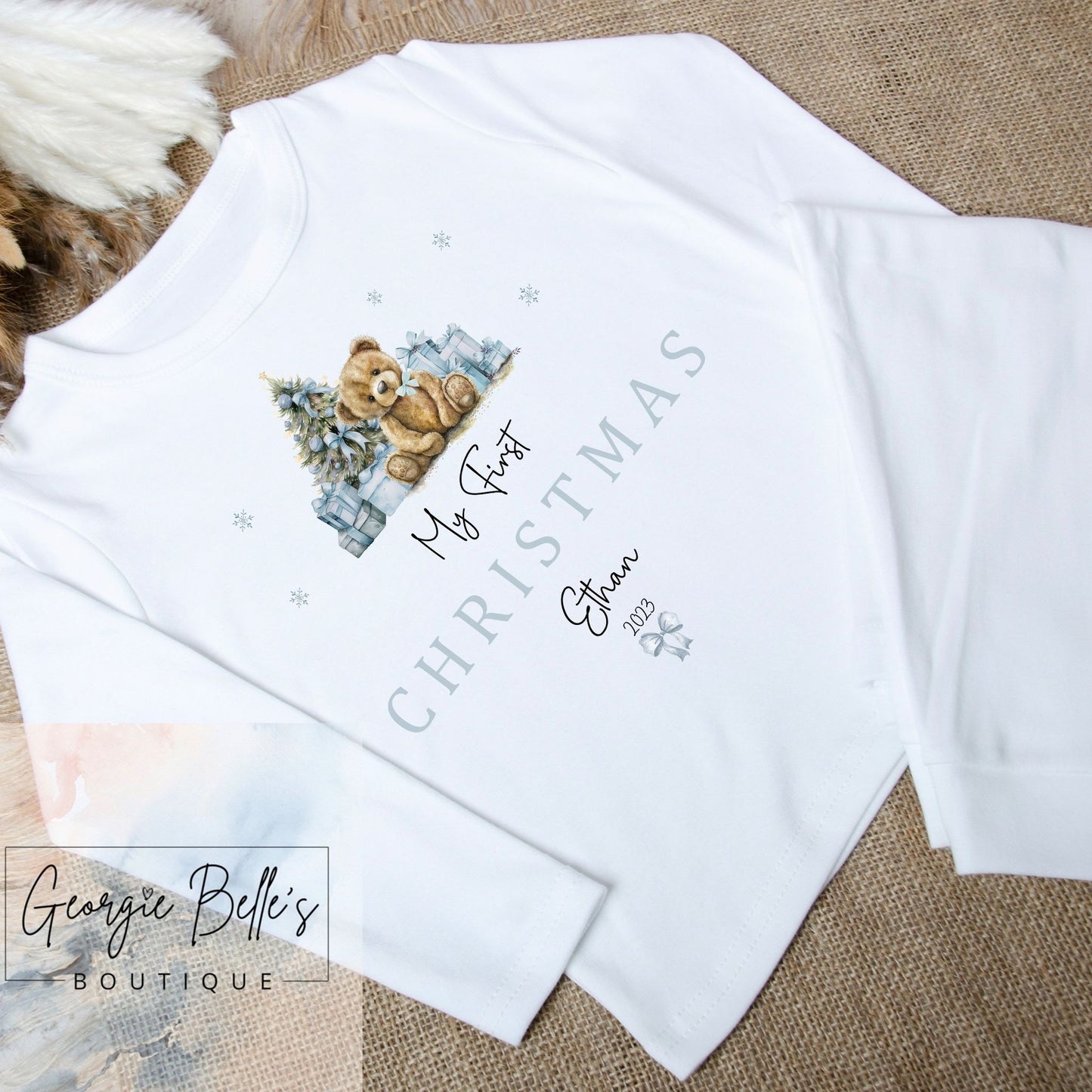 Personalised My 1st Christmas Sibling Matching Blue Teddy Christmas Pyjamas
