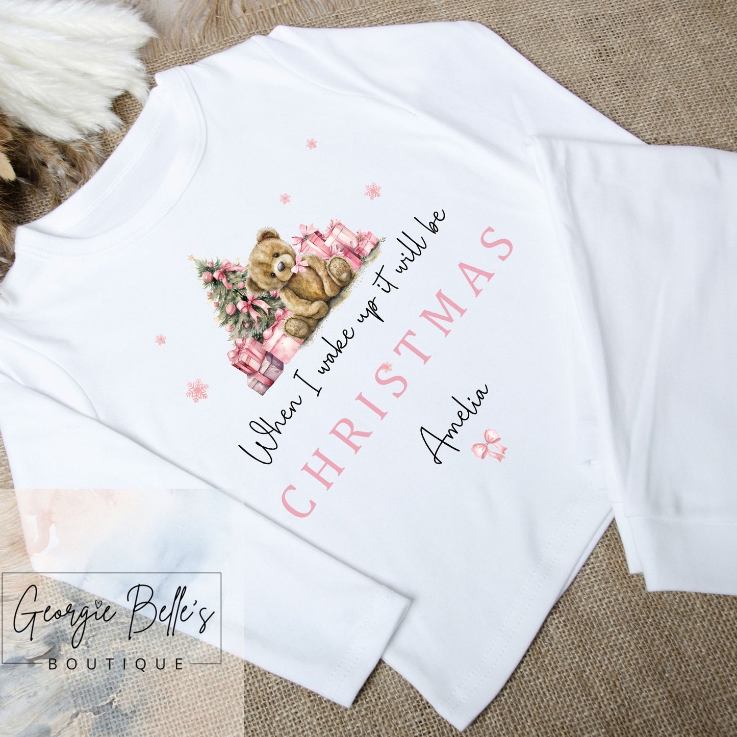 Sibling Matching Pink Teddy Bear Personalised Christmas Pyjamas