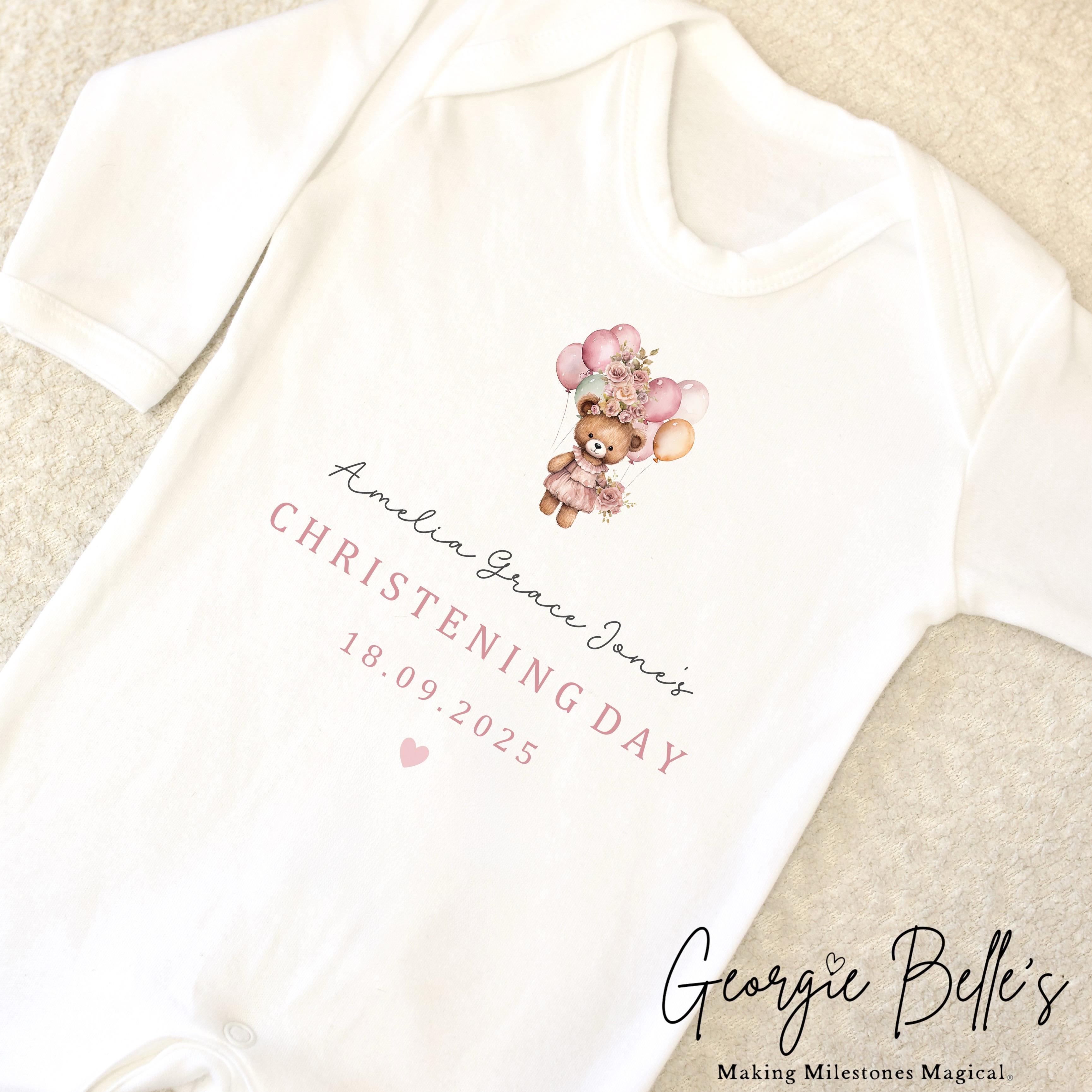 Personalised Christening Babygrow / Vest - Pink Bear Design