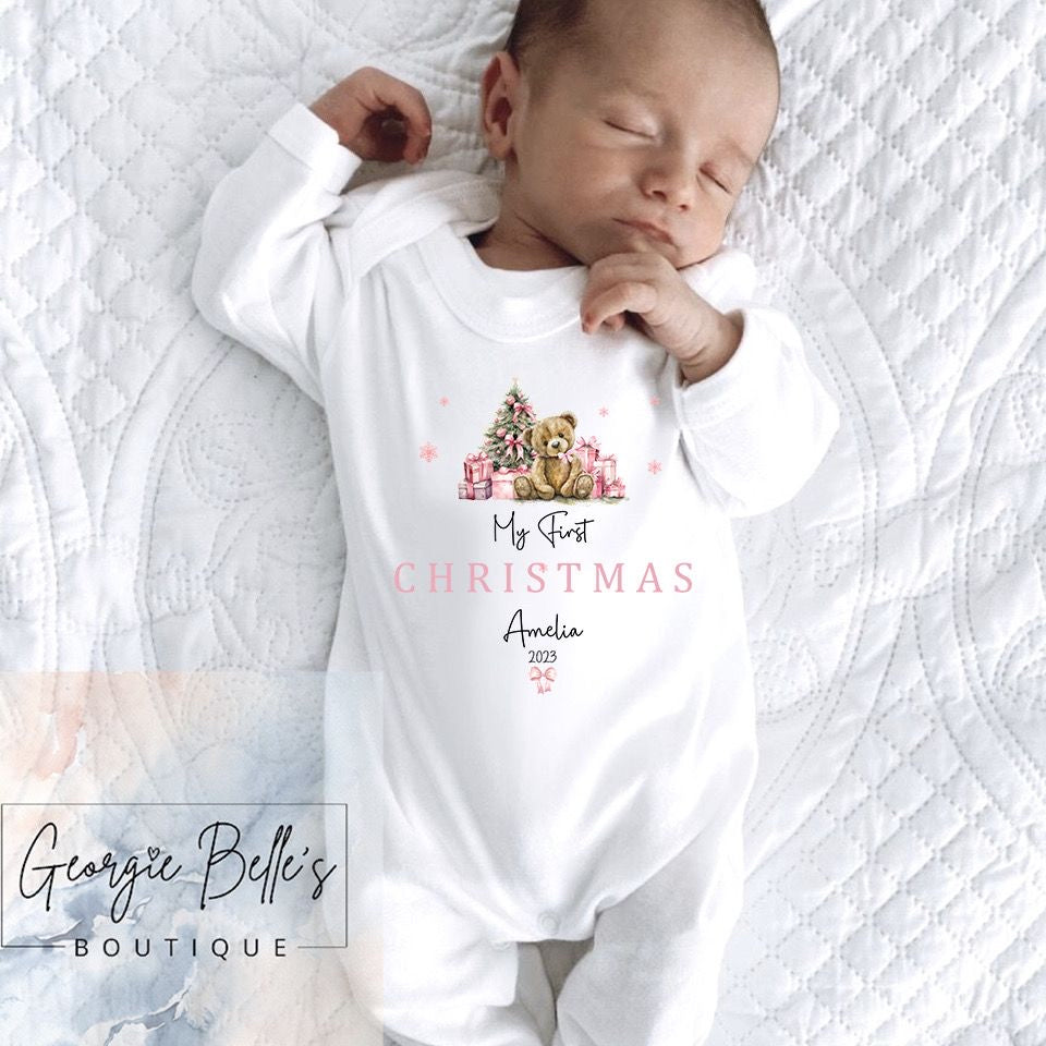 My 1st Christmas Vest / Babygrow - Pink Teddy Bear Design