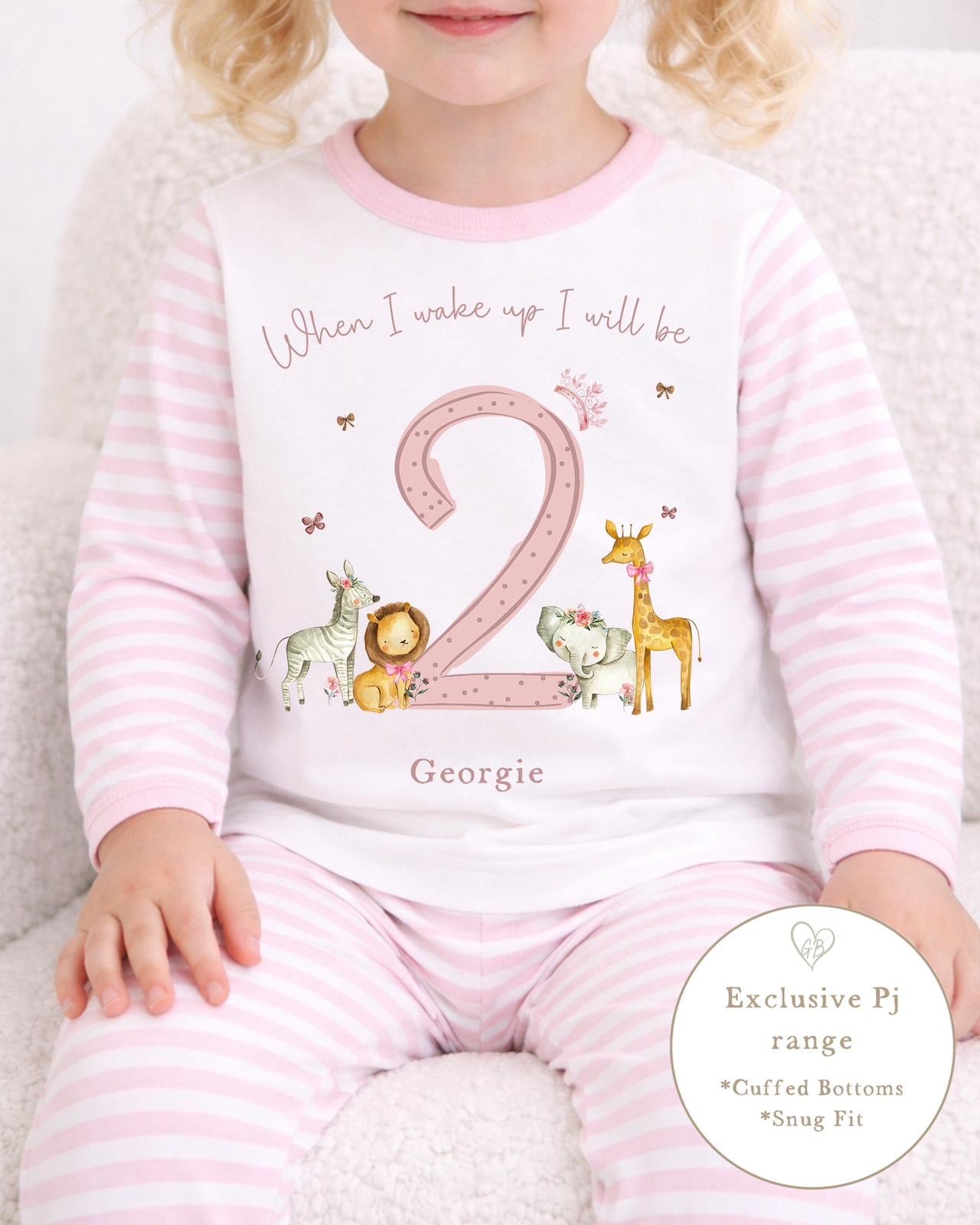 Personalised Pink Stripe Birthday Pyjamas - Safari Design